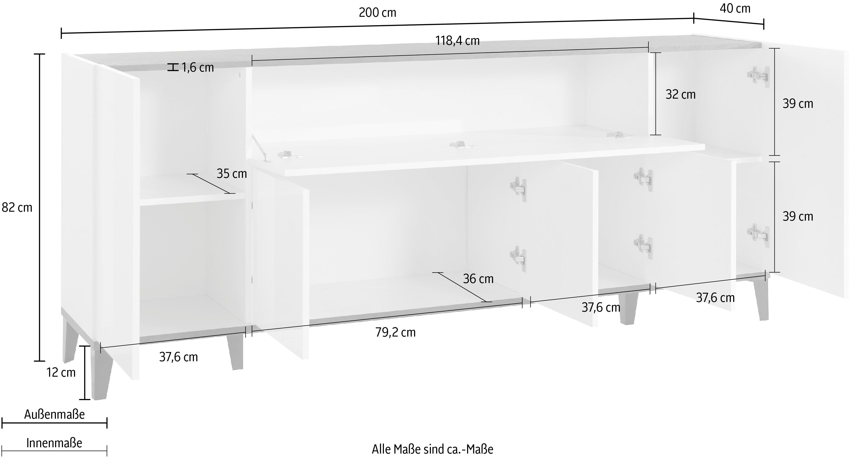 INOSIGN Dressoir SUNRISE Dressoir met 5 deuren en 1 klepdeur, breedte 200 cm