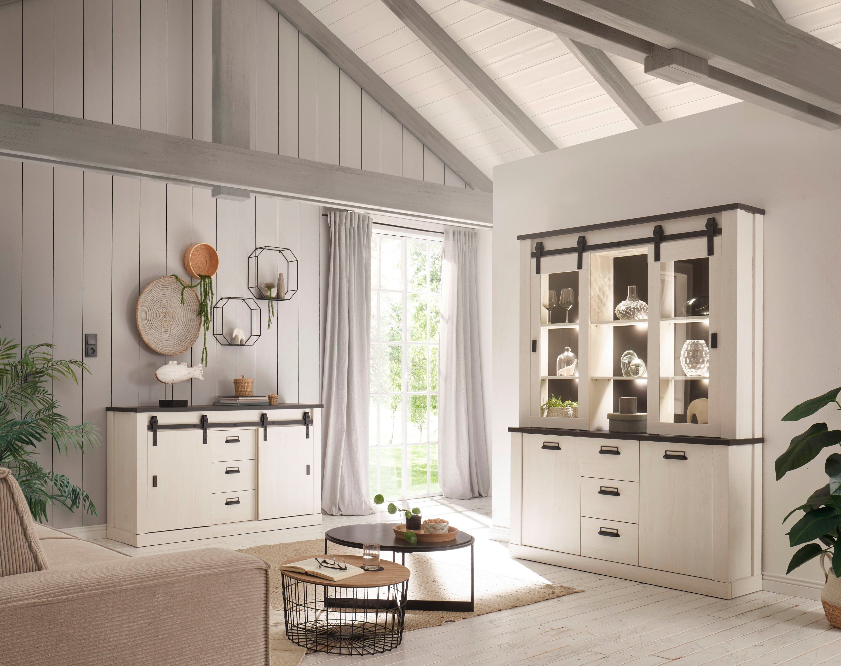 Home affaire Wandmeubel Sherwood Schuurdeurbeslag en apothekersgrepen van metaal, hoogte 201 cm (2-delig)