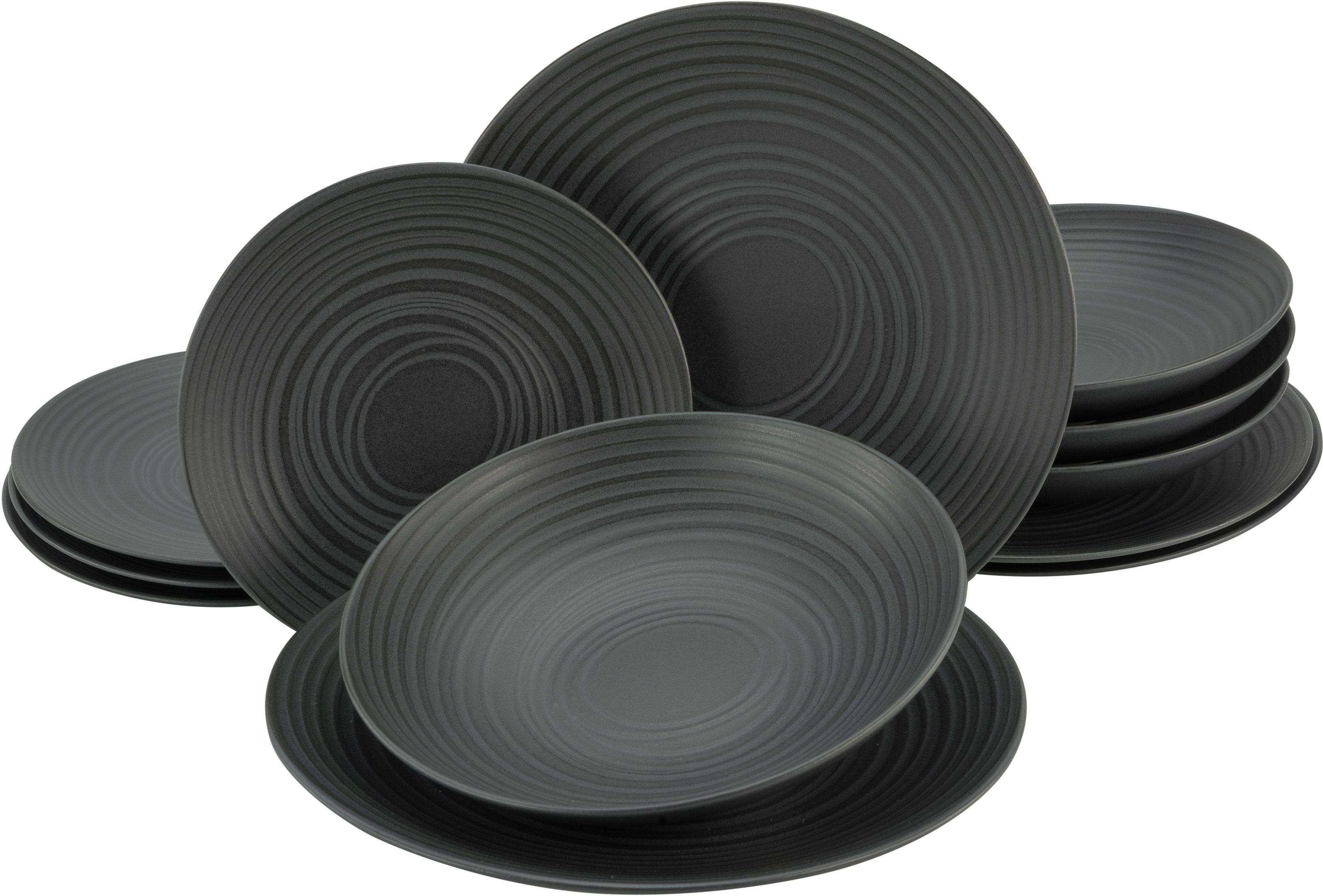 Otto CreaTable Eetservies Lava stone Servies. zwart. reliëfdecor. Made in Europe. 12 delen voor 4 personen (set. 12-delig) aanbieding