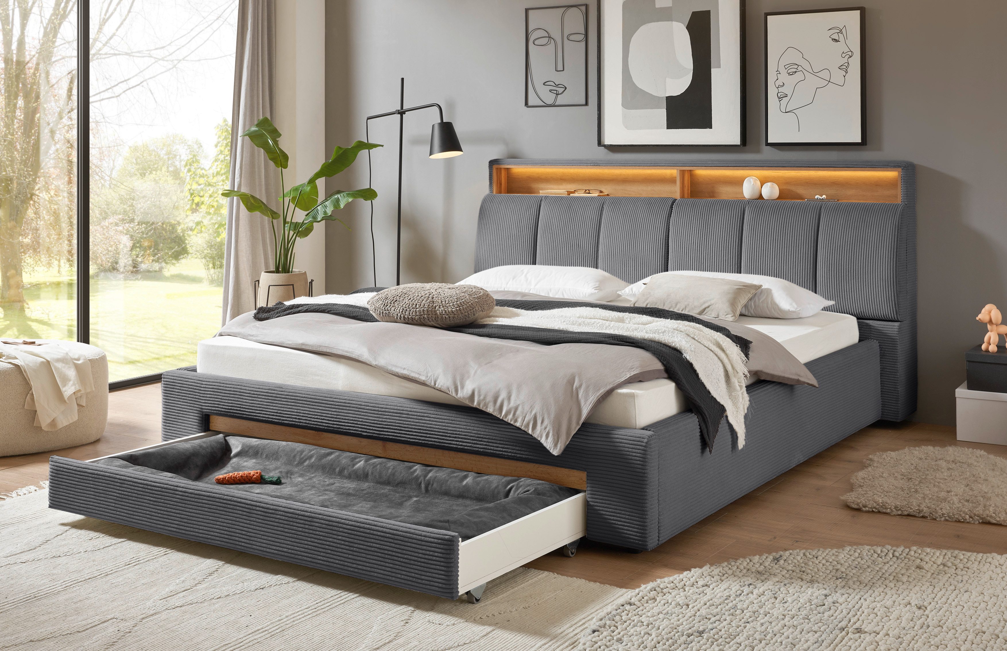 INOSIGN Gestoffeerd bed CiTY/GiRON,, gepolsterd opbergbed, met LED-verlichting Bedkisten met hondenbed of als opbergruimte, opklapbare hoofdeinden