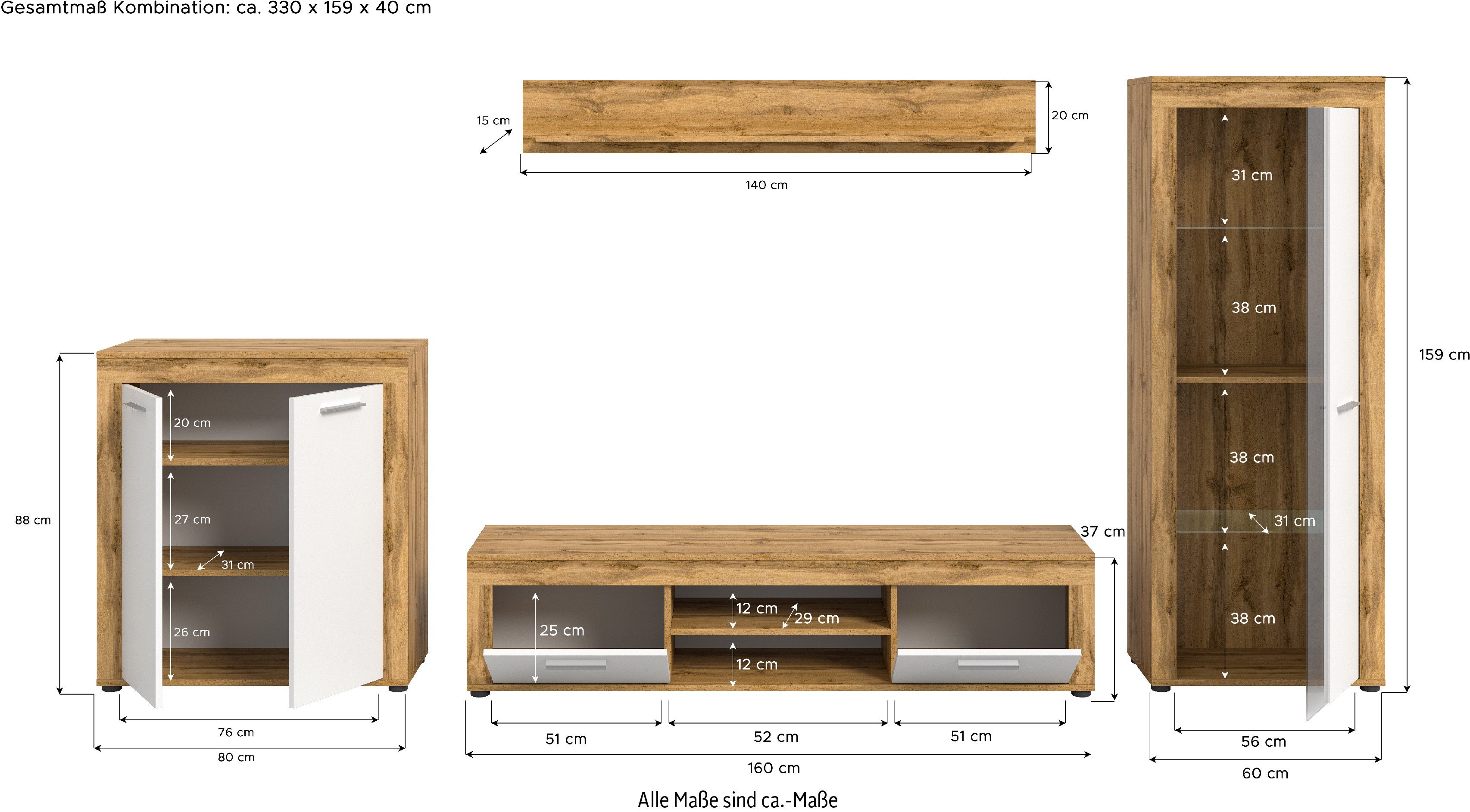 INOSIGN Wandmeubel Aosta, Breedte 330cm, bestaand uit Highboard, Lowboard, Wandplank, Vitrine (4 stuks)