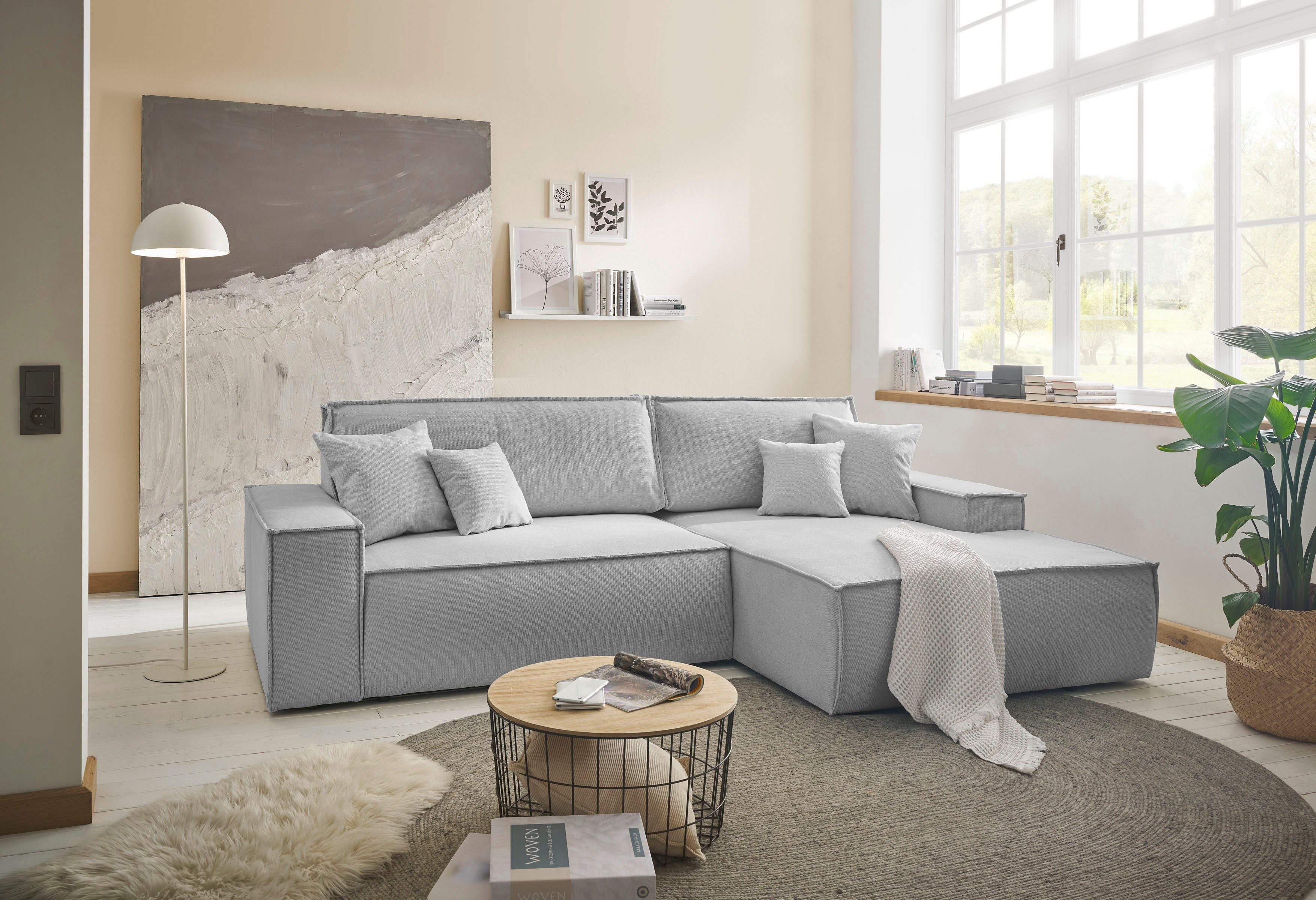 andas Hoekbank Finnley slaapbank 267 cm in Bouclé, fijne structuur en cord, L-vorm
