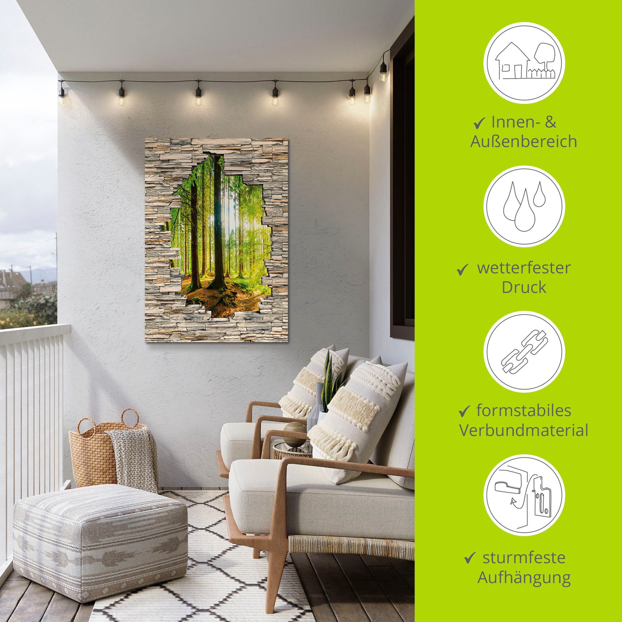 Artland Artprint Bos met stenen muur met uitzicht op de kreek als artprint van aluminium, artprint voor buiten, poster, muursticker in diverse maten formaten