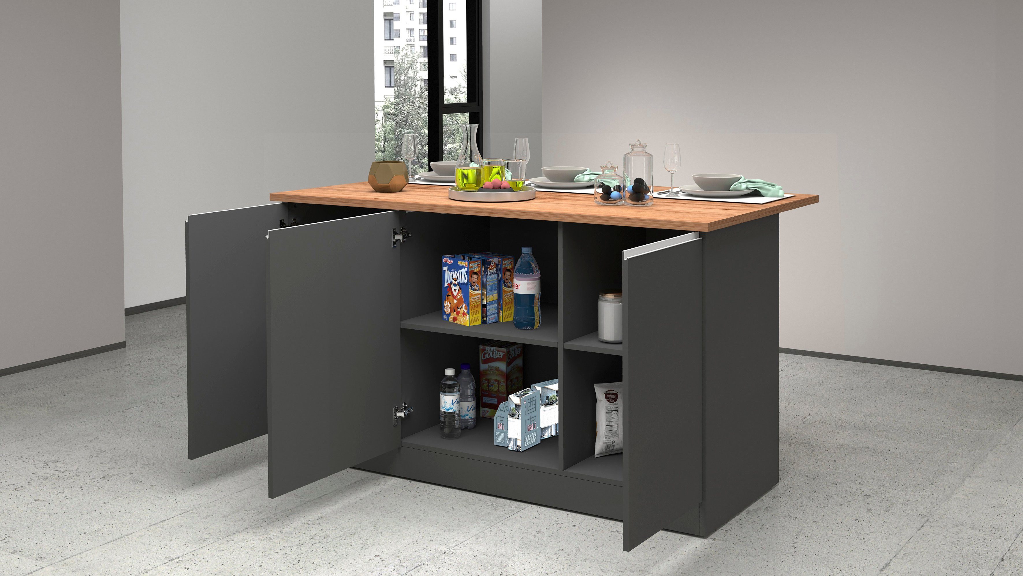 Kochstation Kookeiland KS-Sole, keukeneiland Breedte 155 cm, 3 deuren