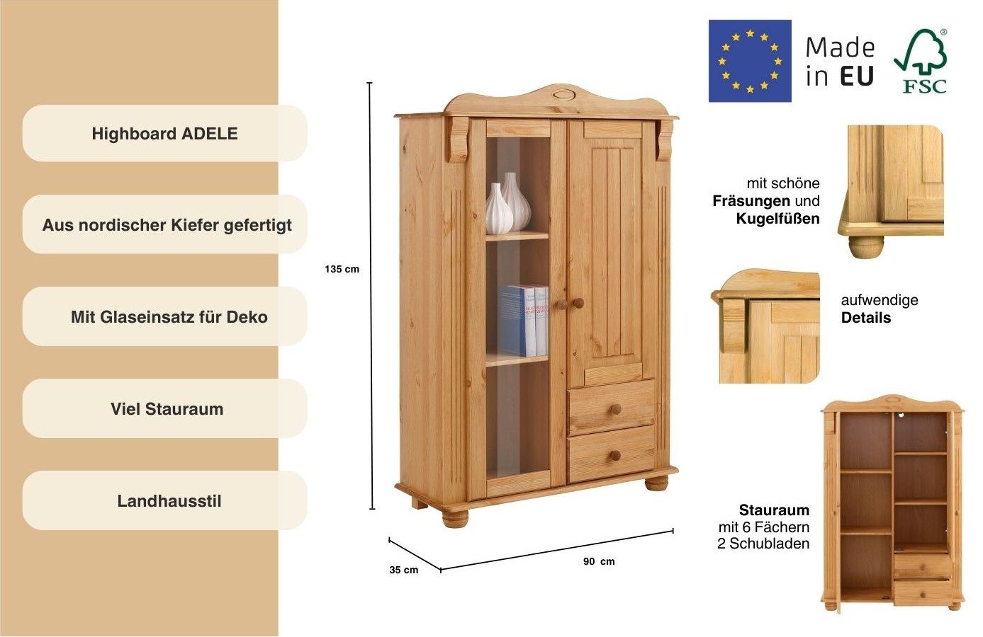 Home affaire Highboard ADELE Opbergkast, 2-deurs, hoogte 135 cm, van massief dennenhout, FSC®