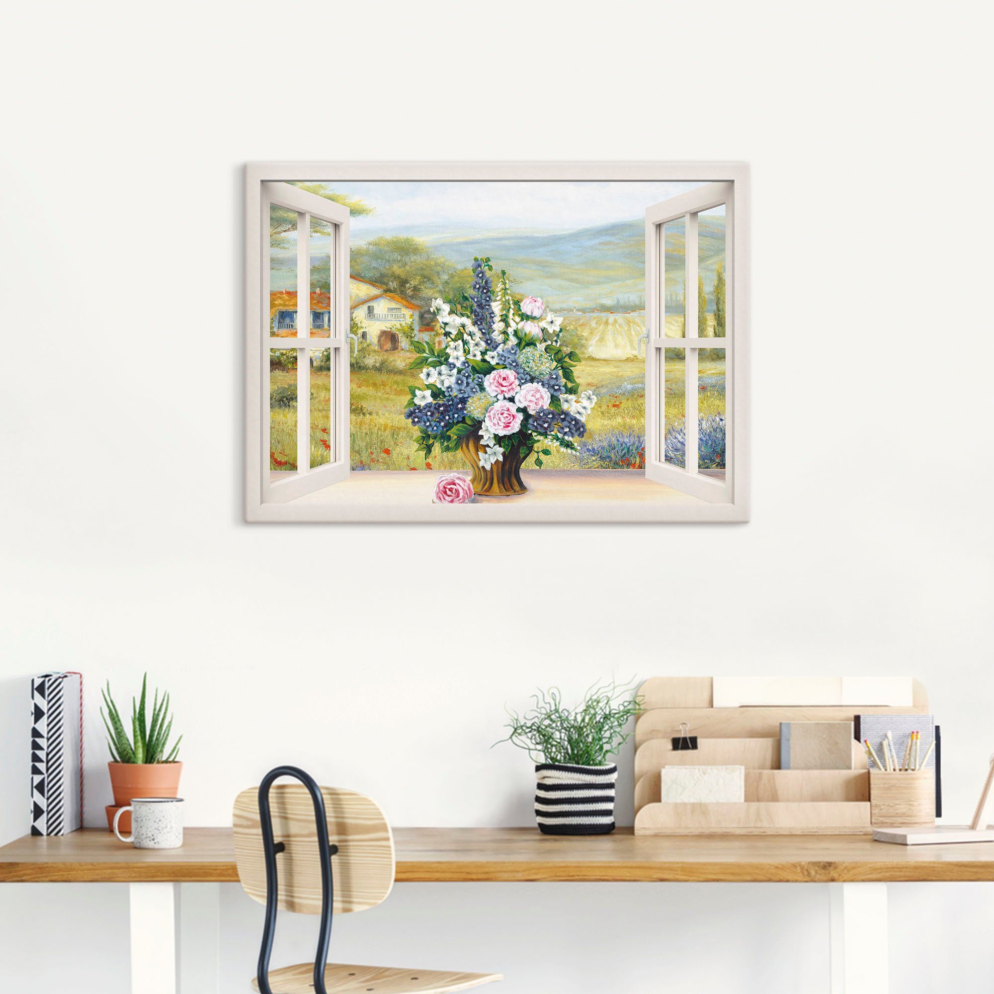 Artland Artprint op linnen Bloemboeket bij het witte raam