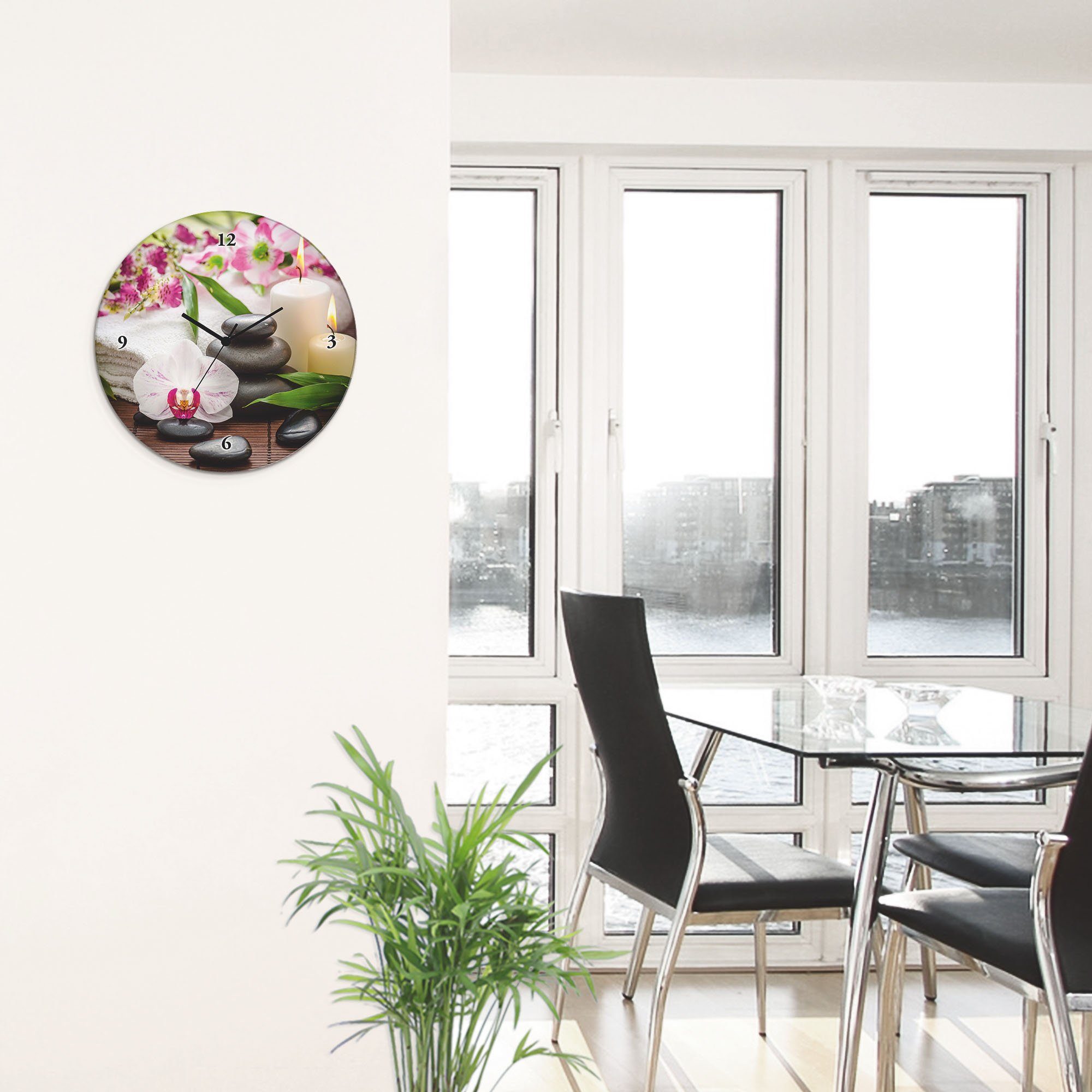 Artland Wandklok Glazen klok rond spa orchideeën bamboe kaars optioneel verkrijgbaar met kwarts- of radiografisch uurwerk, geruisloos zonder tikkend geluid