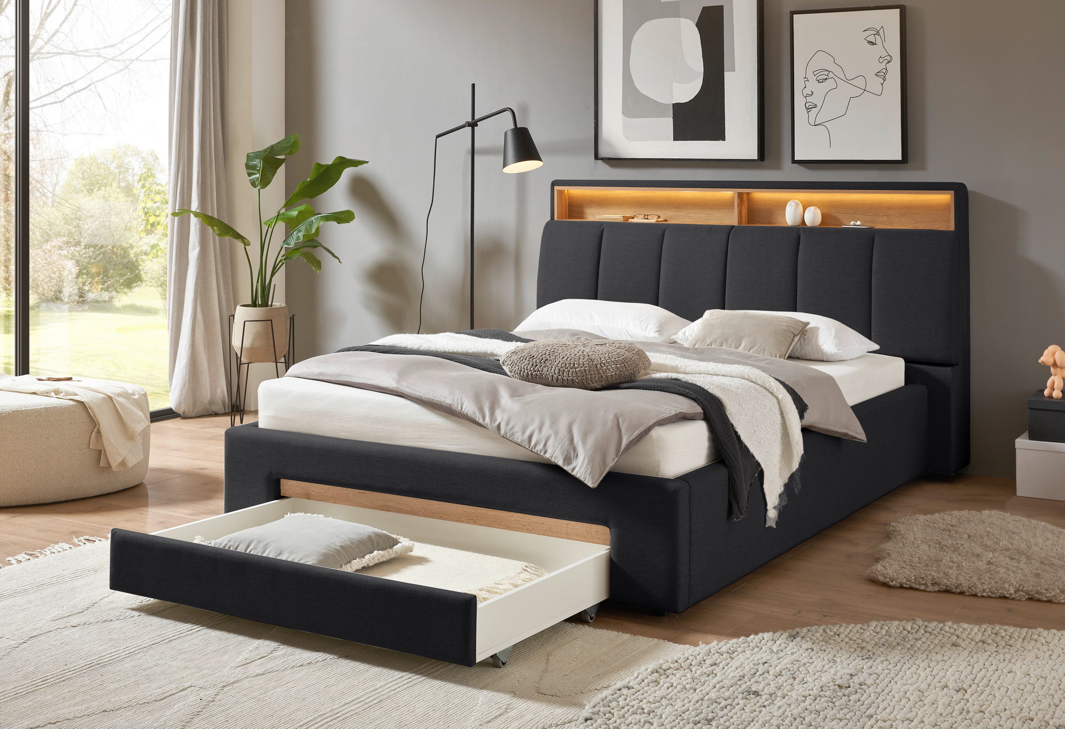 INOSIGN Gestoffeerd bed CiTY/GiRON,, gepolsterd opbergbed, met LED-verlichting Bedkisten met hondenbed of als opbergruimte, opklapbare hoofdeinden
