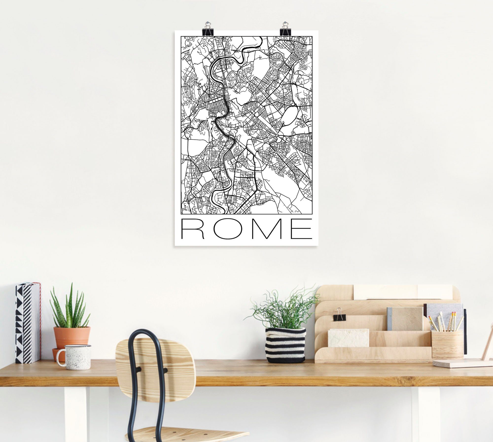 Artland Poster Retro kaart Rome Italië zwart & wit als artprint van aluminium, artprint op linnen, muursticker of poster in verschillende maten