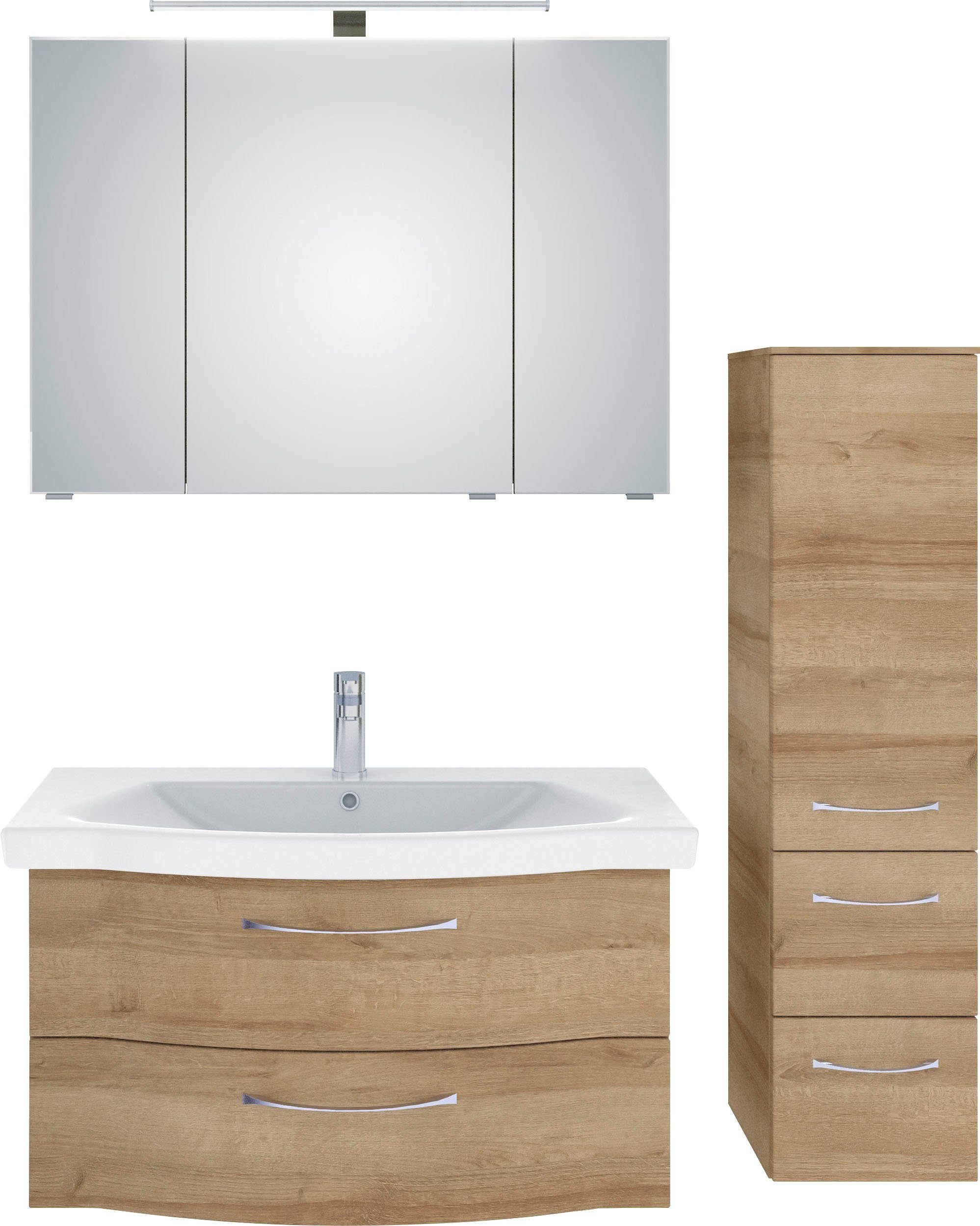 Saphir Badkamerserie 6005 sprint 3-delig, keramiek-wastafelonderkast met led-spiegelkast Halfhoge kast, inclusief deurdemper, 4 deuren, 4 laden,