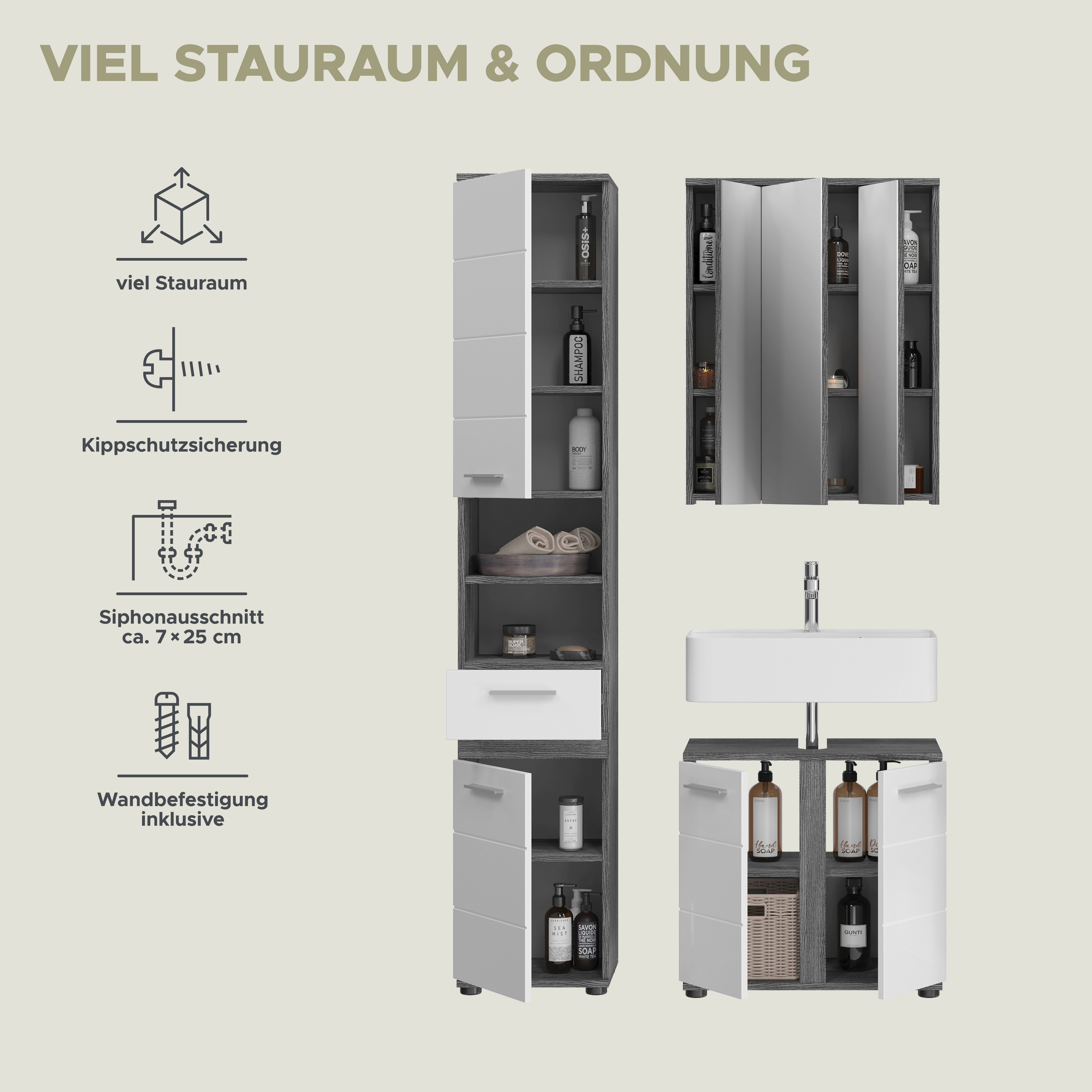 welltime Badkamerserie LUCCA, 3-delig, TOPSELLER!, MDF hoogglansfront, bestaande uit: (set, 3-delig)