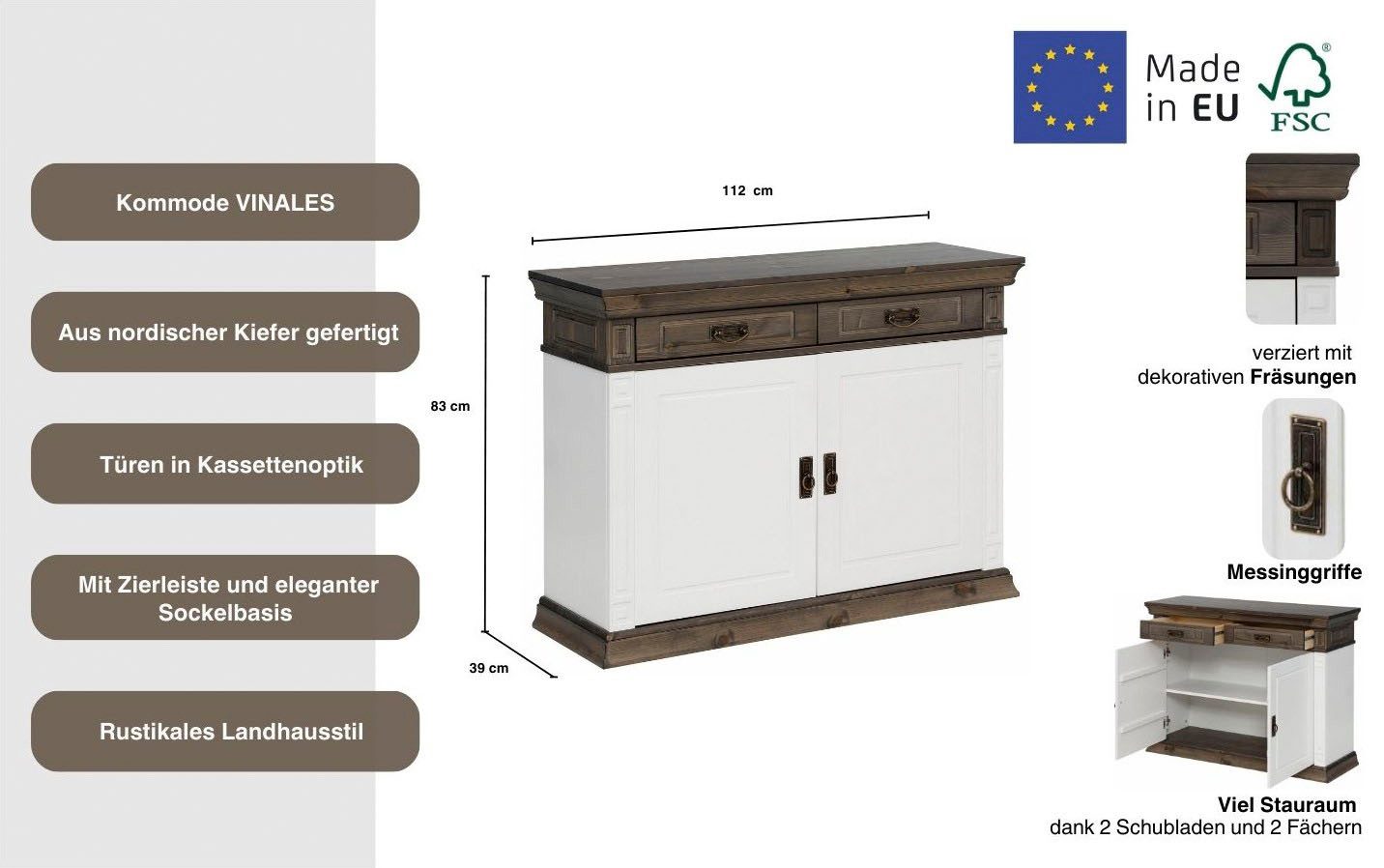 Home affaire Kast Vinales Breedte 112 cm van massief grenen