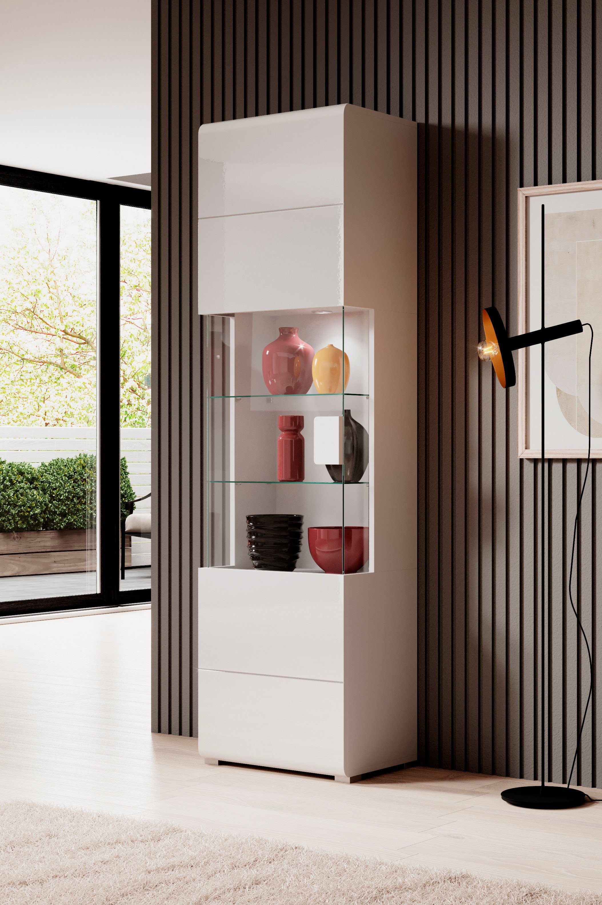 INOSIGN Wandmeubel Toledo, breedte 391cm stijlvolle mediawand zonder verlichting Opbouwwand (vitrine, lowboard, highboard, 2x hangplank) MDF hoogglans fronten (set, 5 stuks)