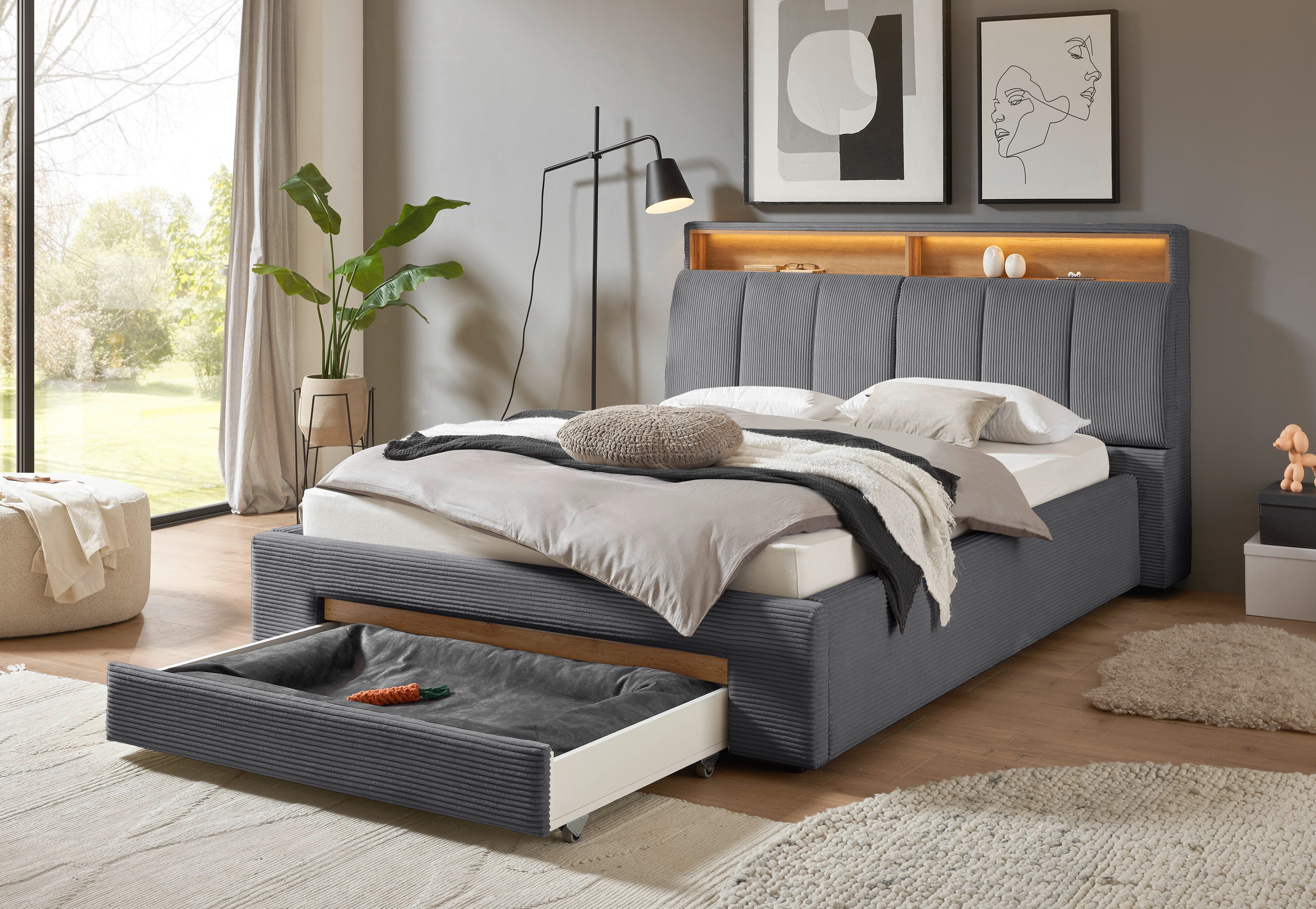 INOSIGN Gestoffeerd bed CiTY/GiRON,, gepolsterd opbergbed, met LED-verlichting Bedkisten met hondenbed of als opbergruimte, opklapbare hoofdeinden
