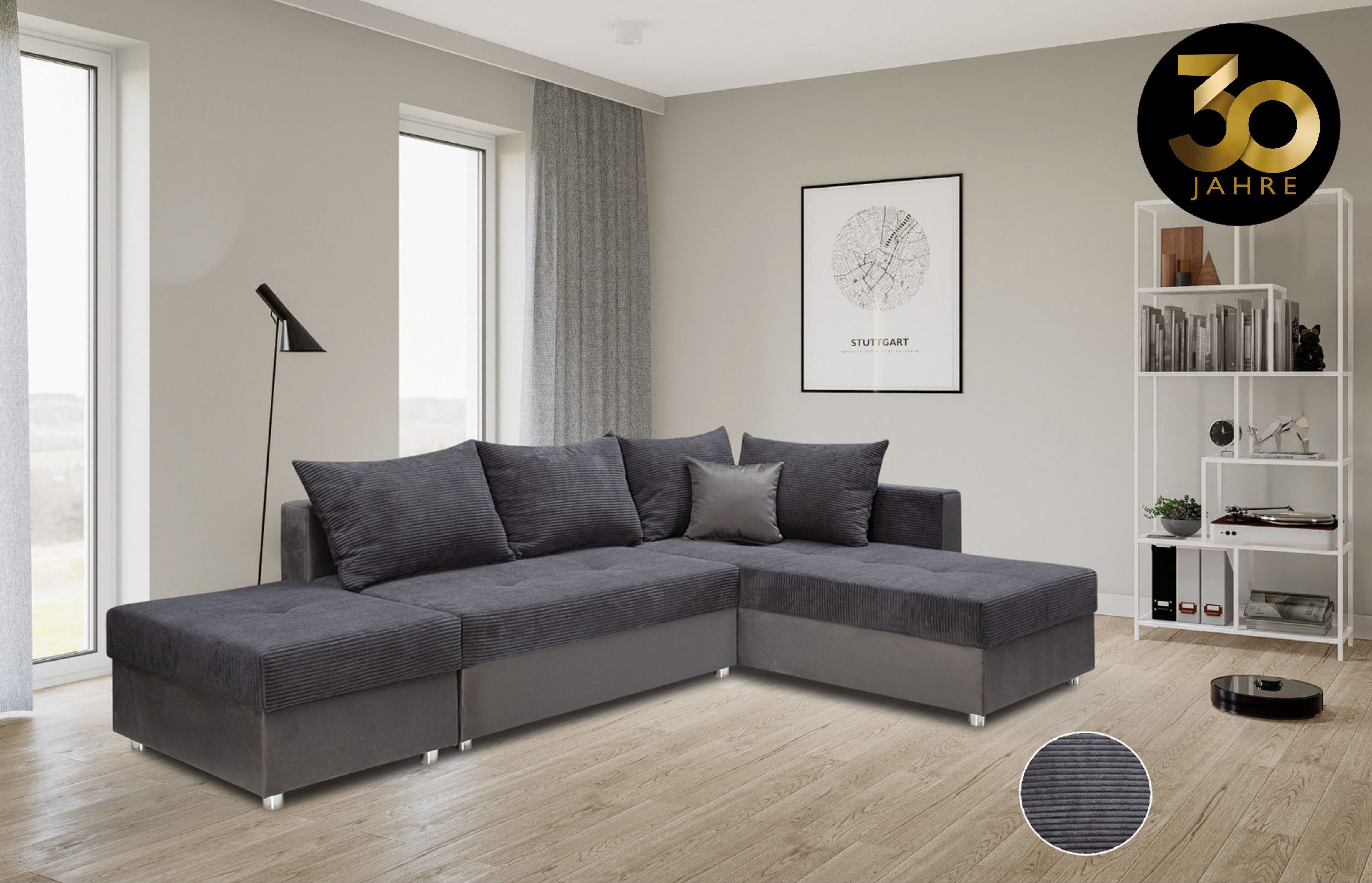 COLLECTION AB Hoekbank Italia L-vorm met slaapbank functie en bedbox, in mix van fluweel en ribfluweel