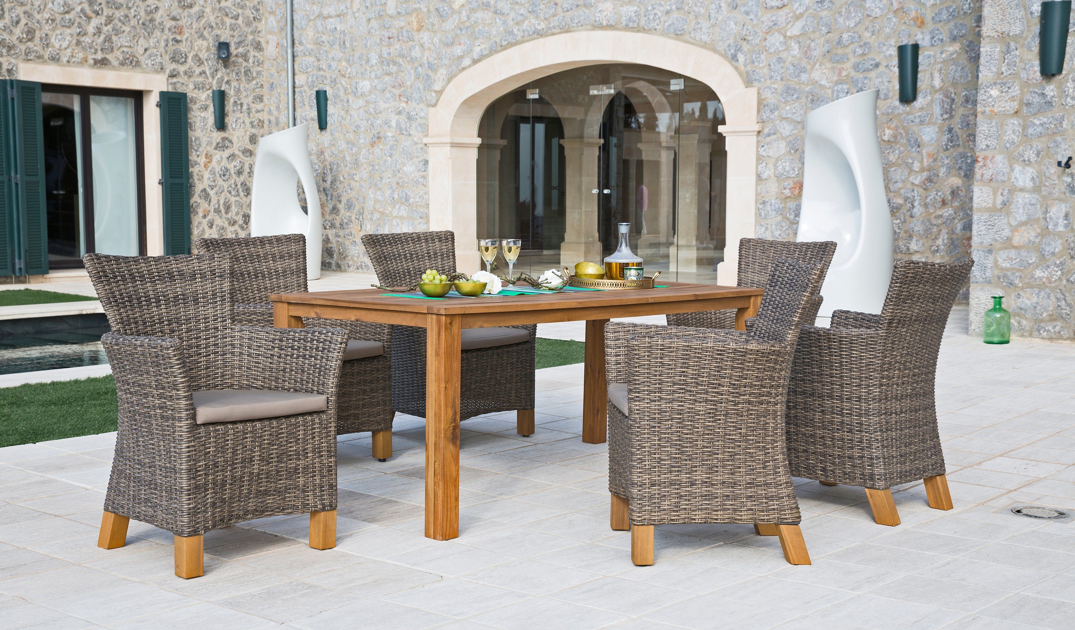 MERXX Tuin-eethoek Toscane 6 fauteuils, tafel 185x90 cm, polyrotan/acacia (13-delig)
