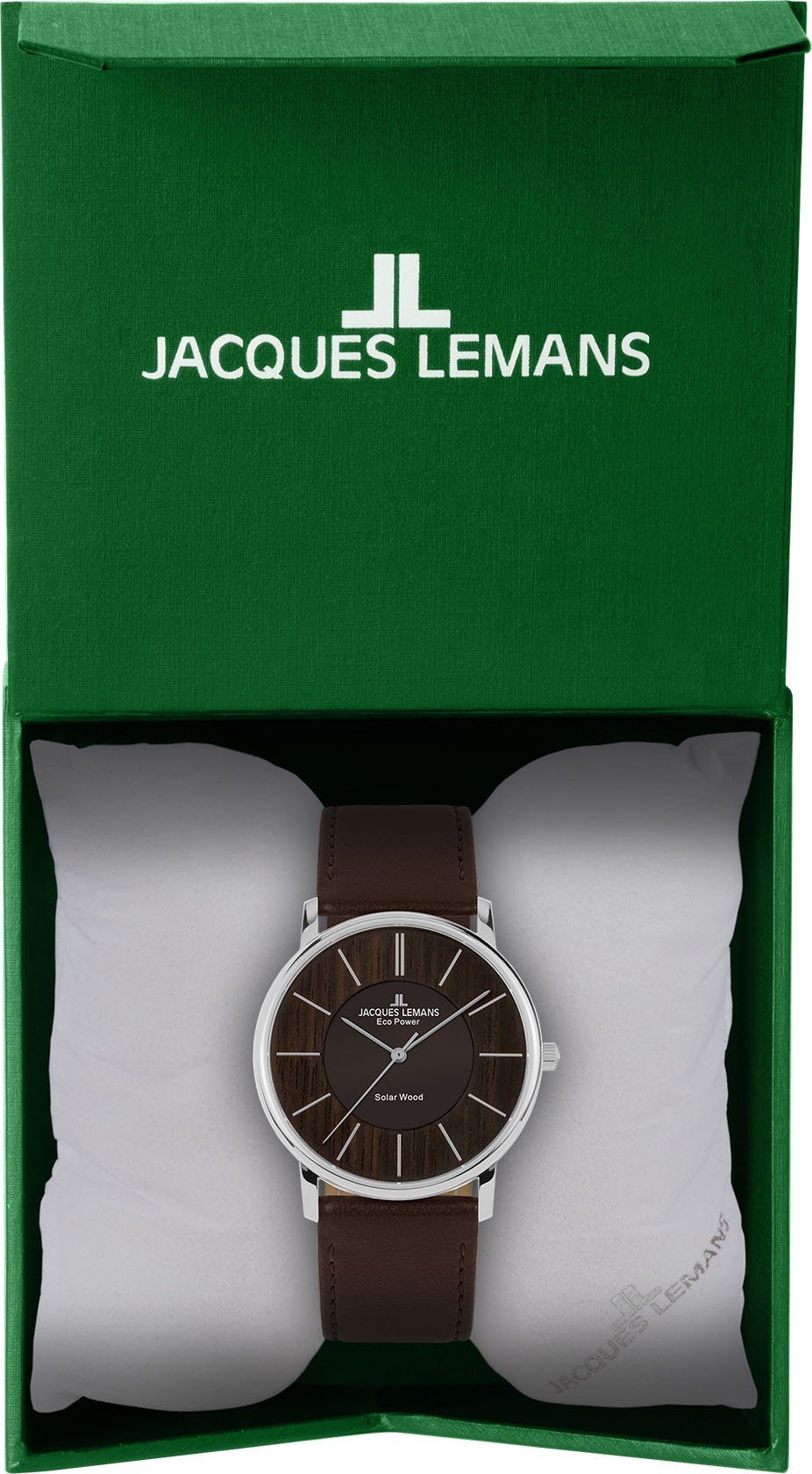 Jacques Lemans Solarhorloge Eco Power Solar Wood, 1-2105A Horloge, houten wijzerplaat, band van vegan appel-leder