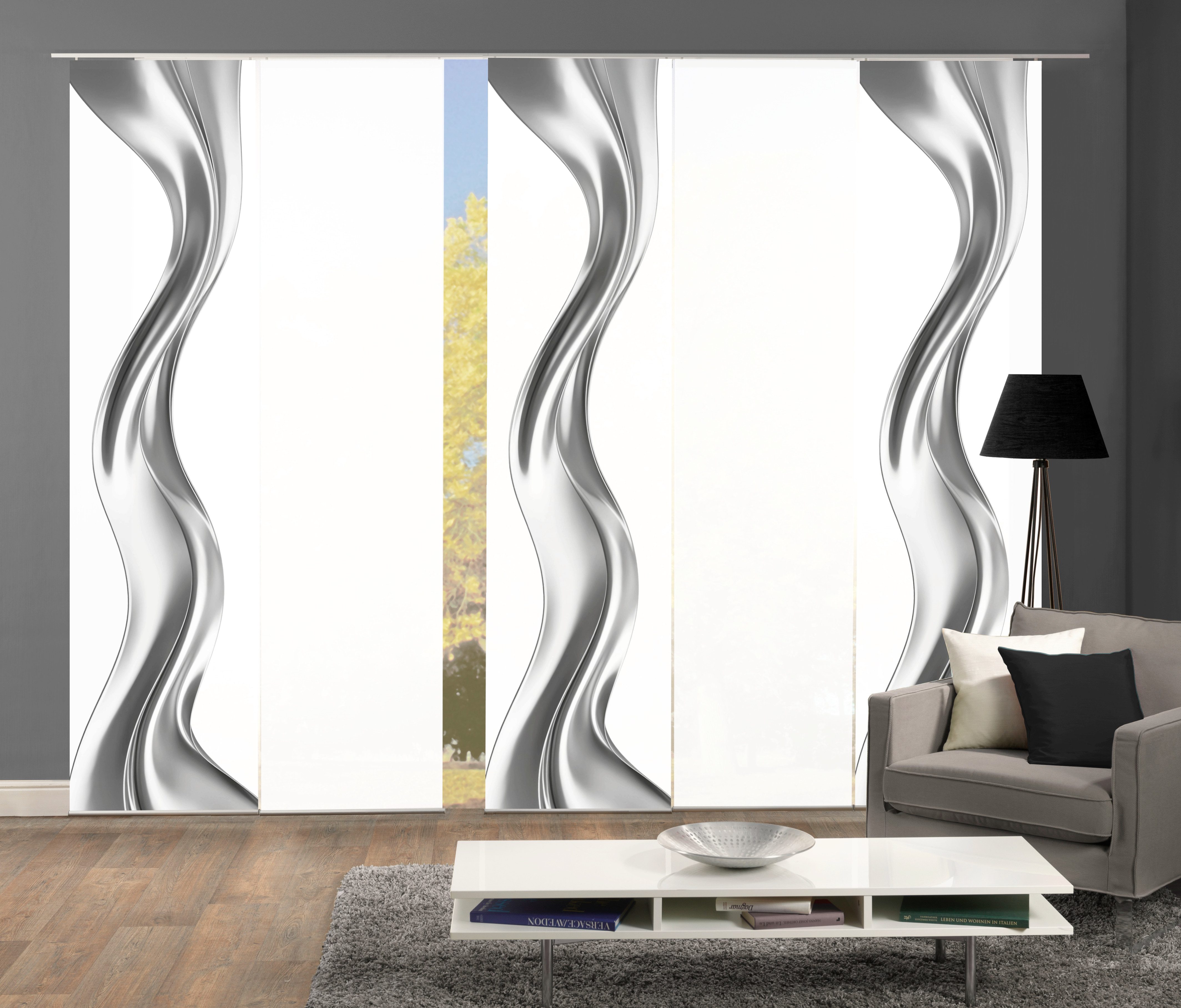 HOME WOHNIDEEN Paneelgordijn OAKLEY PANEELGORDIJN, ZIJDE UITSTRALING, DIGITALE PRINT (5 stuks) paneelgordijnen zilver(kleur)