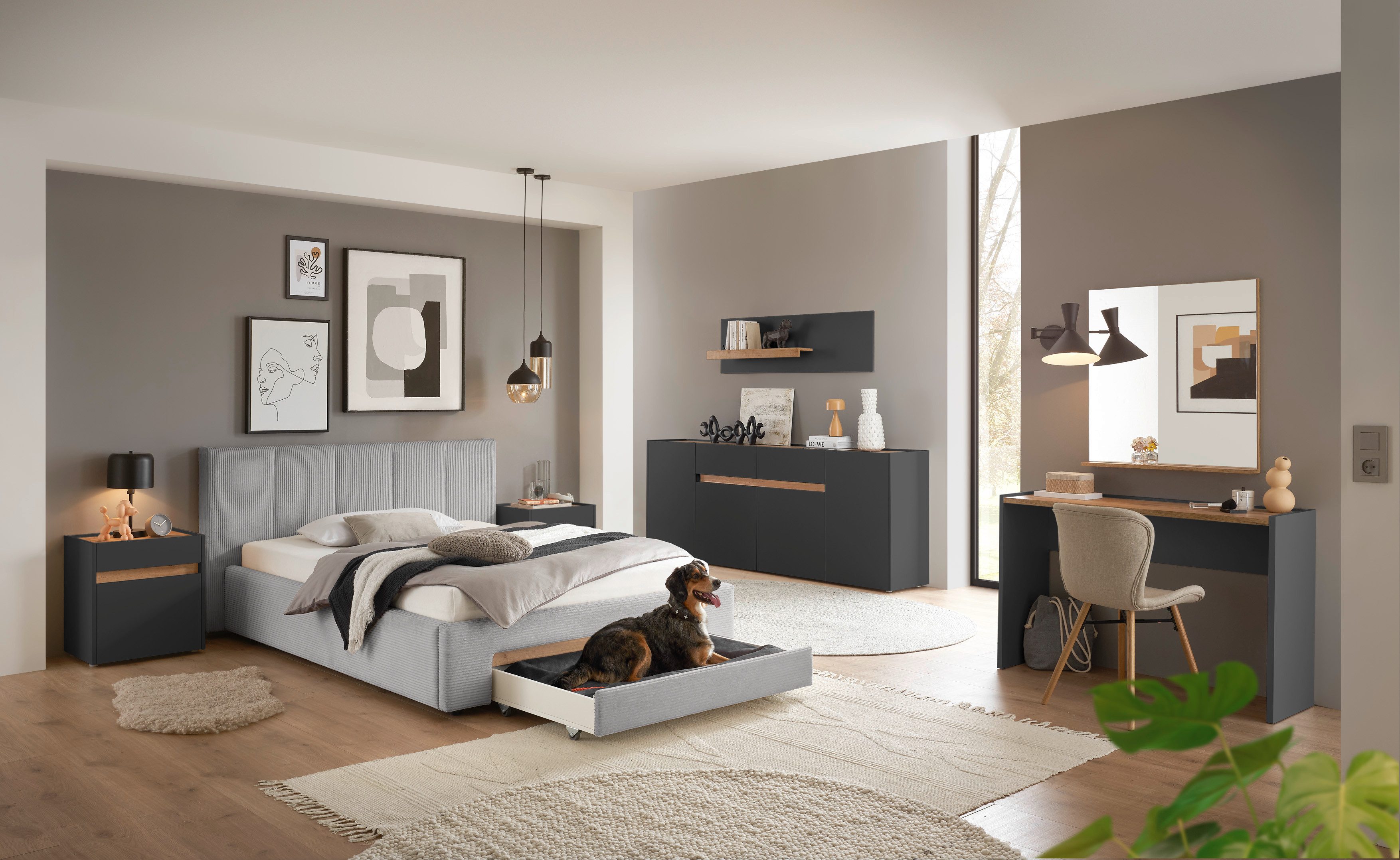 INOSIGN Gestoffeerd bed CiTY/GiRON, bedframe met bedlade, gestoffeerd opbergbed met hondenbed of opberglade, bekleding van corduroy of linnenlook
