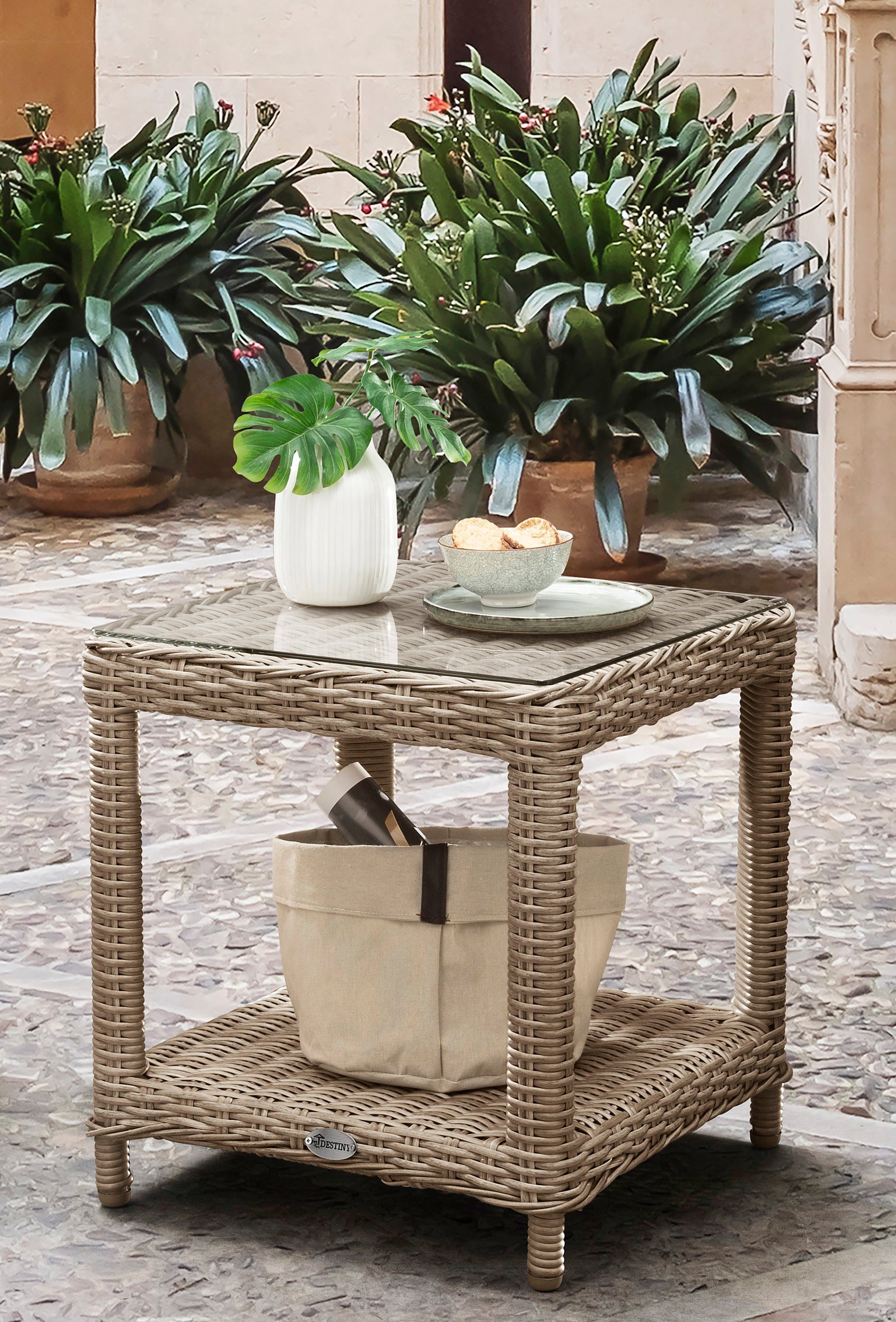 Destiny Balkonset MALAGA MERANO Polyrotan, 2 fauteuils + bijzettafel 46x47x50 cm, incl. kussens (set, 7-delig)
