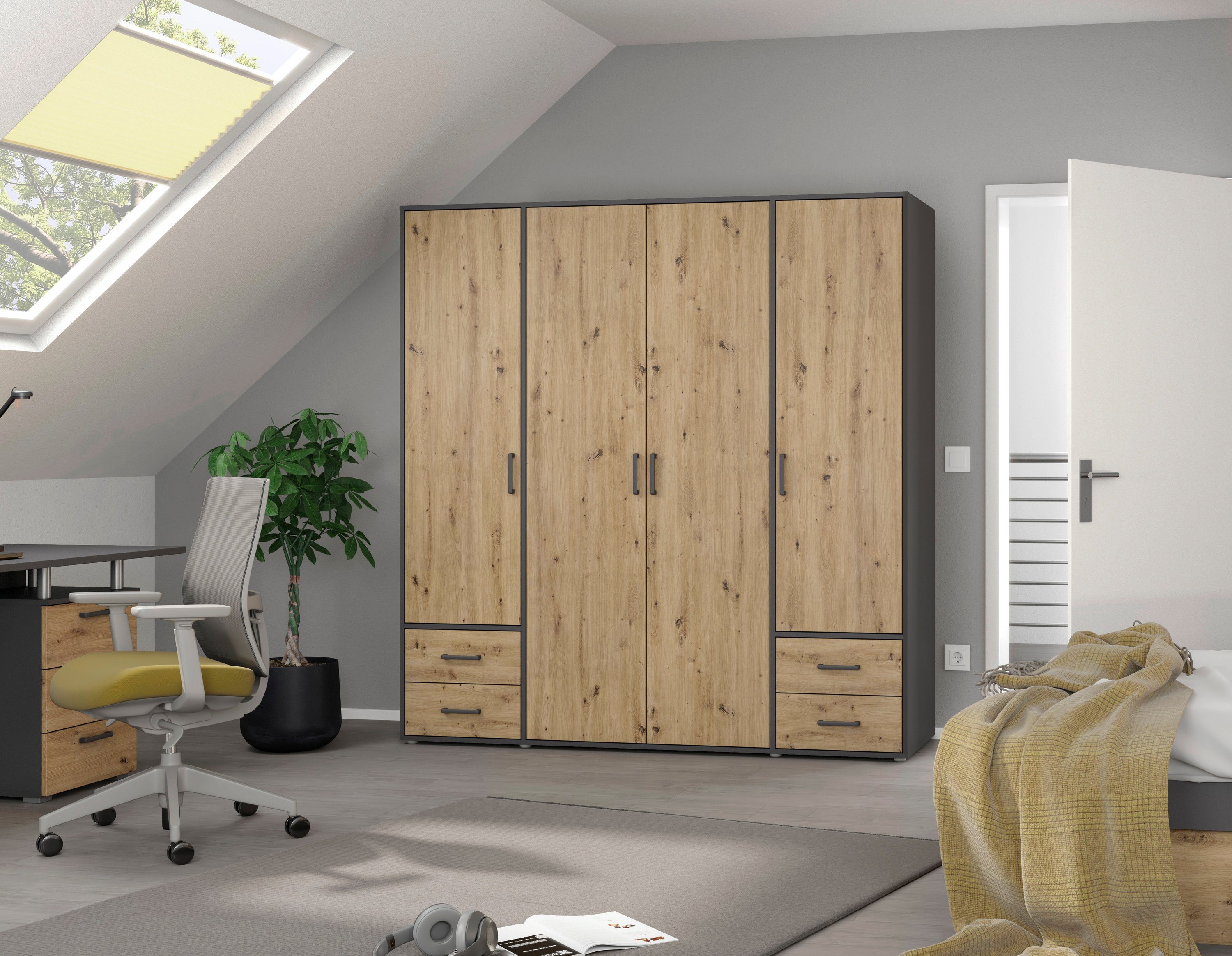 rauch Draaideurkast Kledingkast kast garderobe linnenkast VOYAGER moderne grepen in grijs metallic met buitenlades made in germany