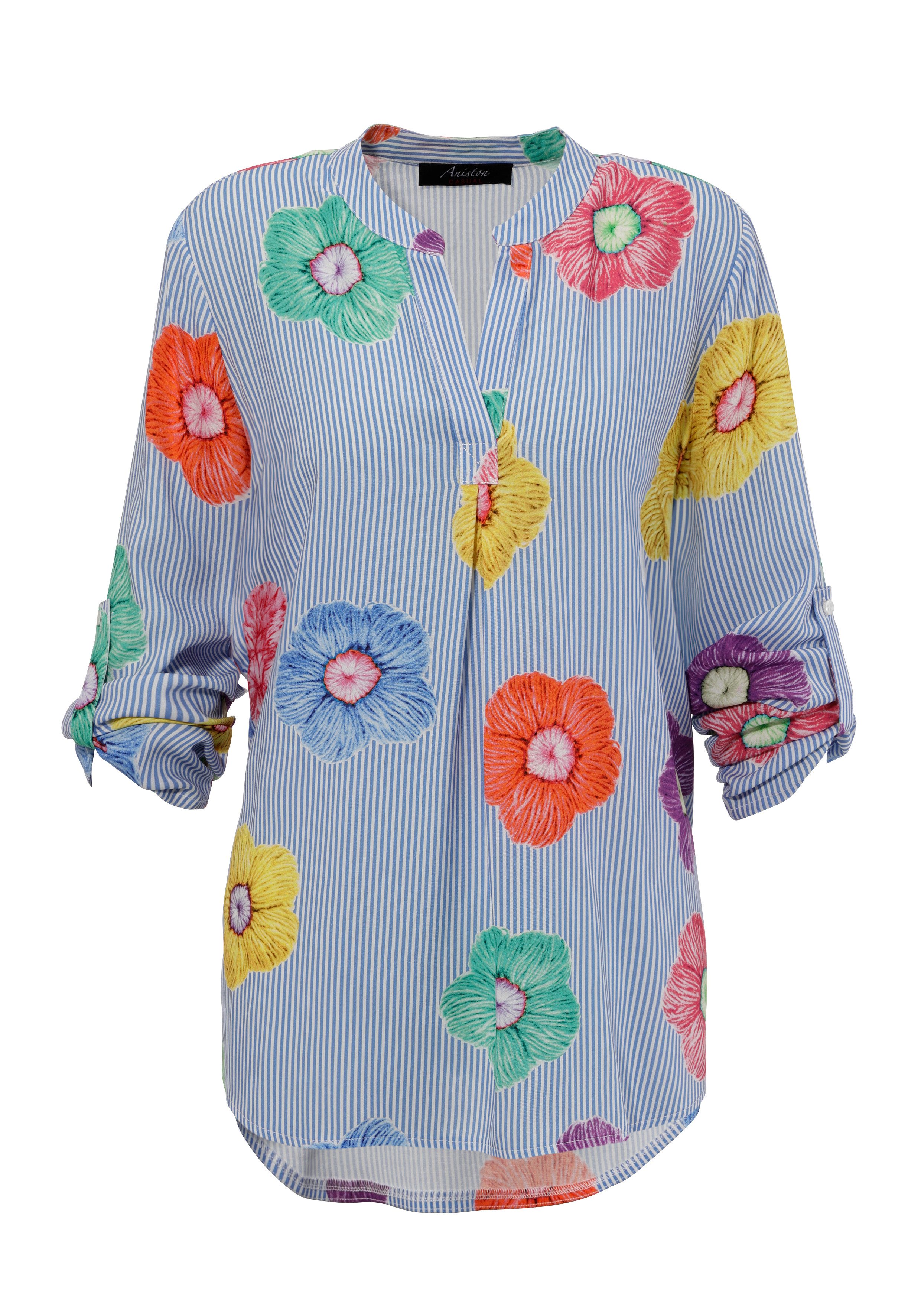 Aniston CASUAL Blouse zonder sluiting gestreept en versierd met kleurrijke bloemen - nieuwe collectie