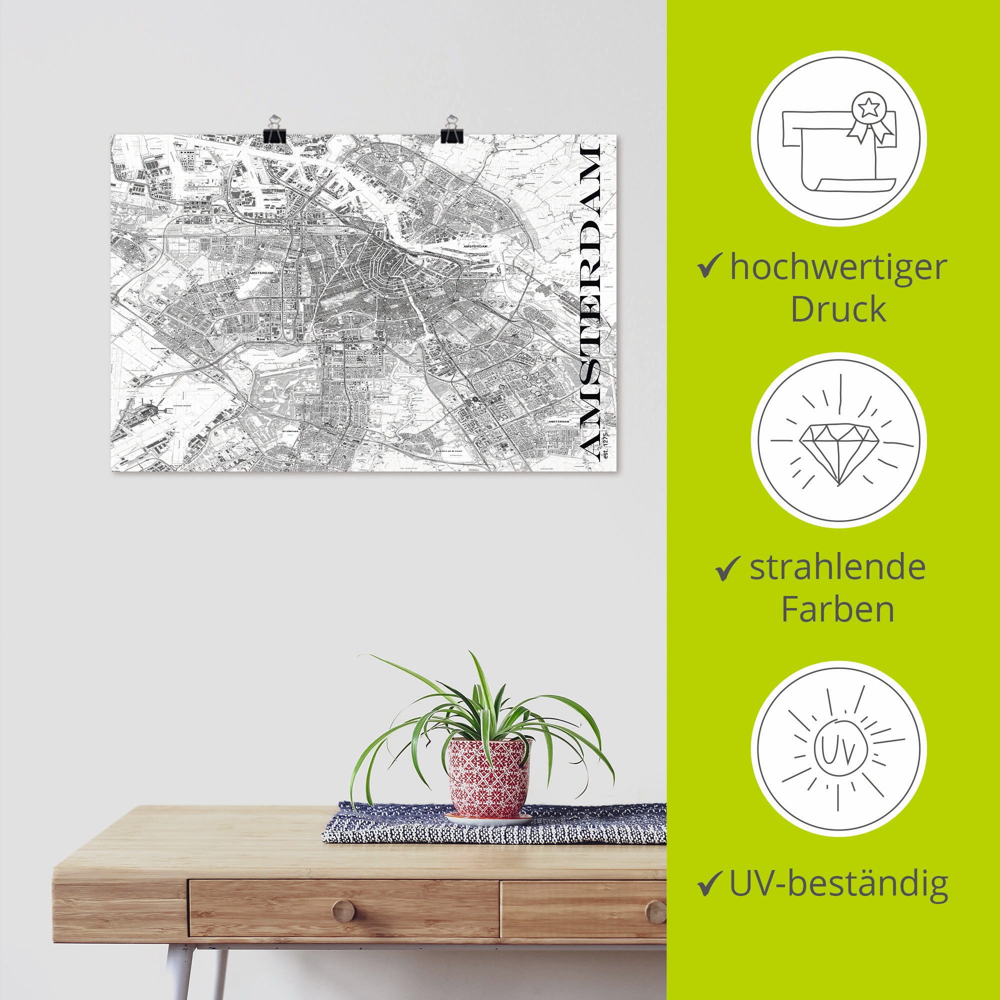 Artland Poster Amsterdam kaart straten kaart als artprint van aluminium, artprint op linnen, muursticker of poster in verschillende maten