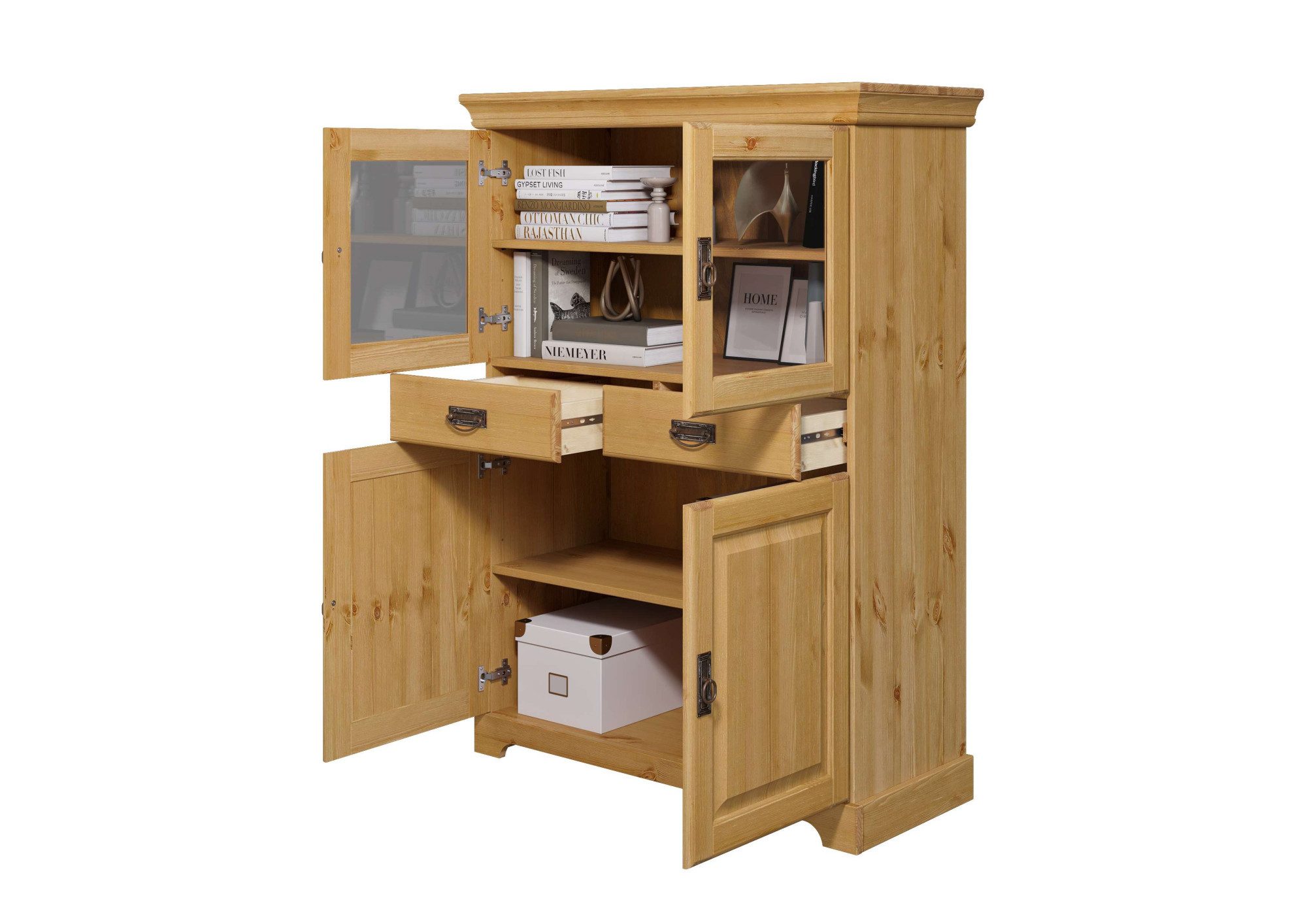 Home affaire Highboard Rügen Vitrine in landelijke stijl, gecertificeerd massief hout, hoogte 131 cm