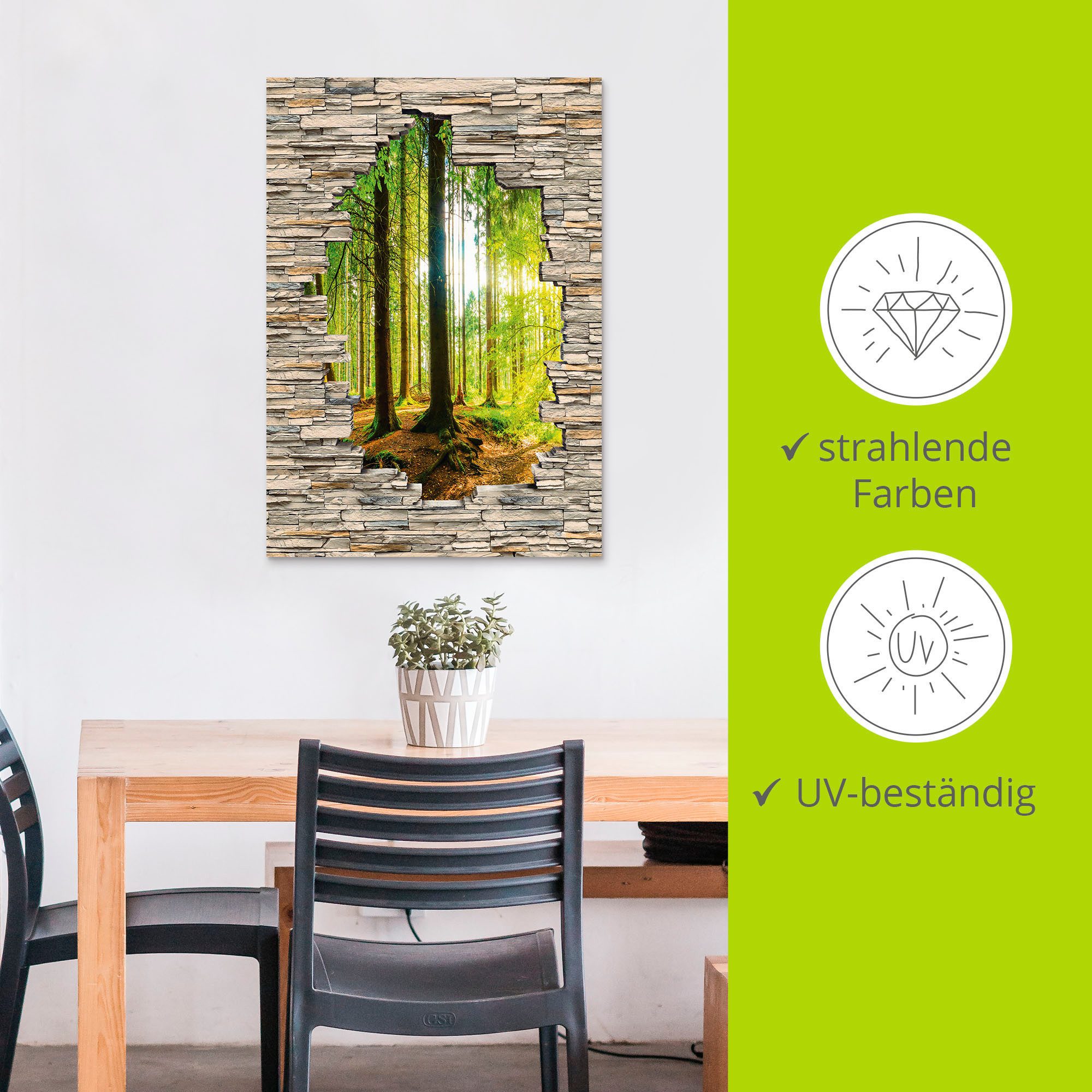 Artland Artprint Bos met stenen muur met uitzicht op de kreek als artprint van aluminium, artprint voor buiten, poster, muursticker in diverse maten formaten