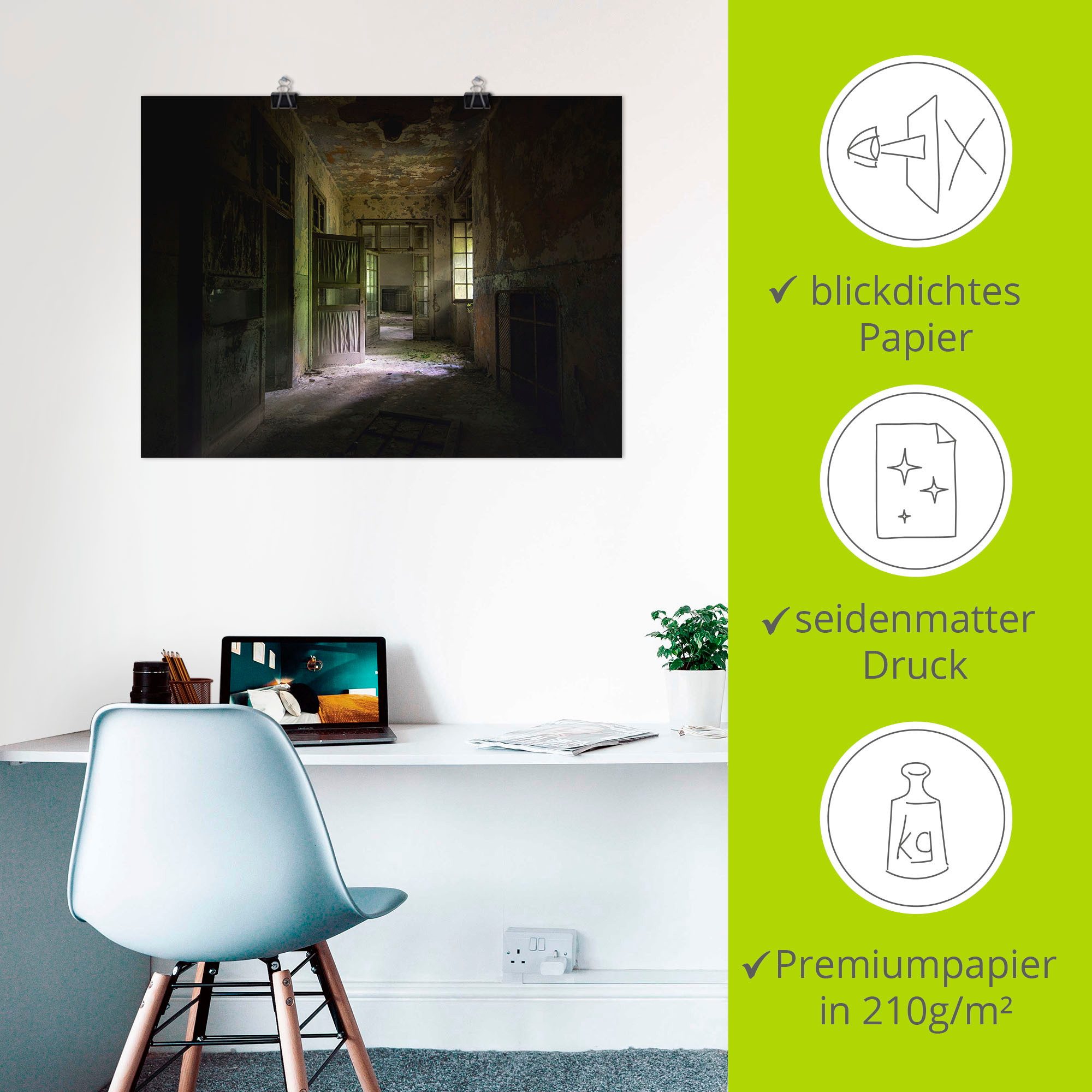 Artland Artprint Lost Place naargeestige hal deuren gang als artprint van aluminium, artprint voor buiten, artprint op linnen, poster in verschillende maten. maten
