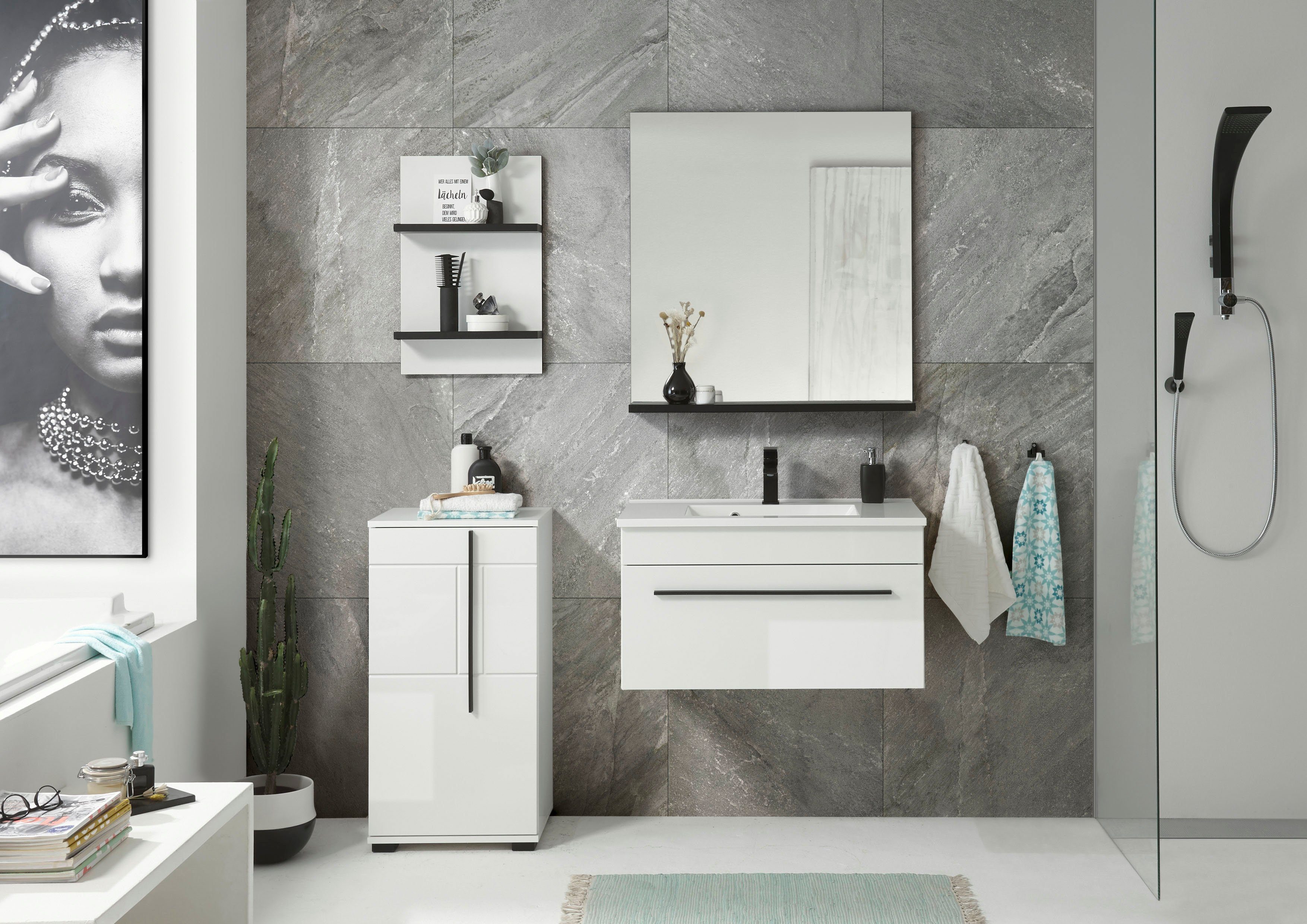 INOSIGN Badkamerserie Cantara, badkamer in modern ontwerp, 4-delig badkamer Waschtafel, kast, hangplank en spiegel, in wit hoogglans (set, 4-delig)