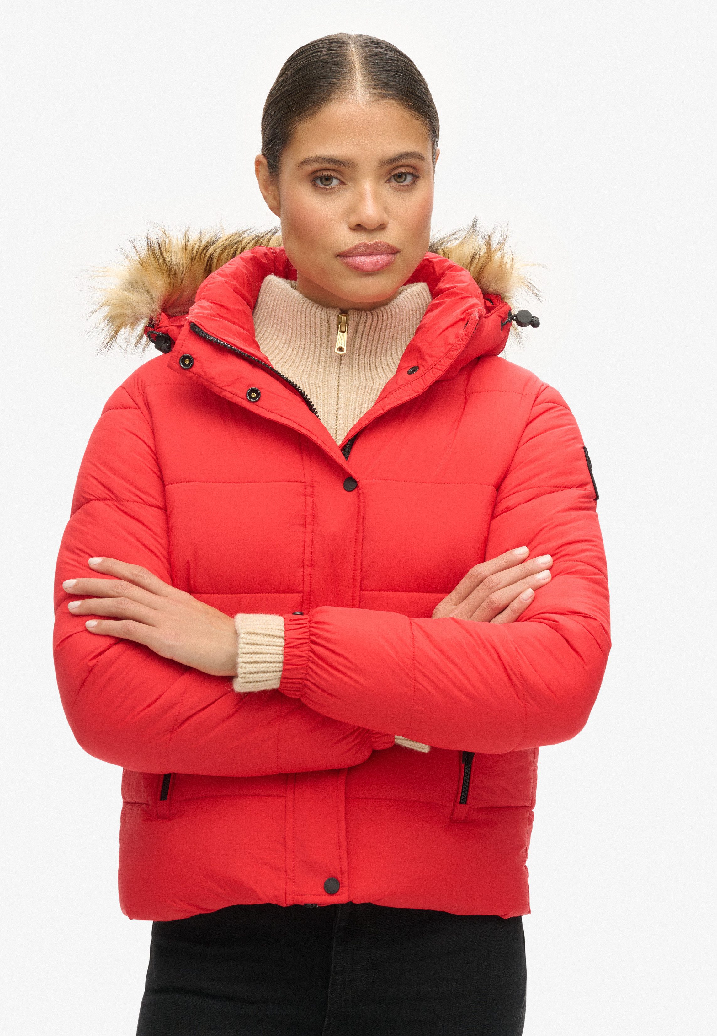 Superdry Gewatteerde jas FAUX FUR SHORT HOOD PUFFER dames donsjassen maat M rood