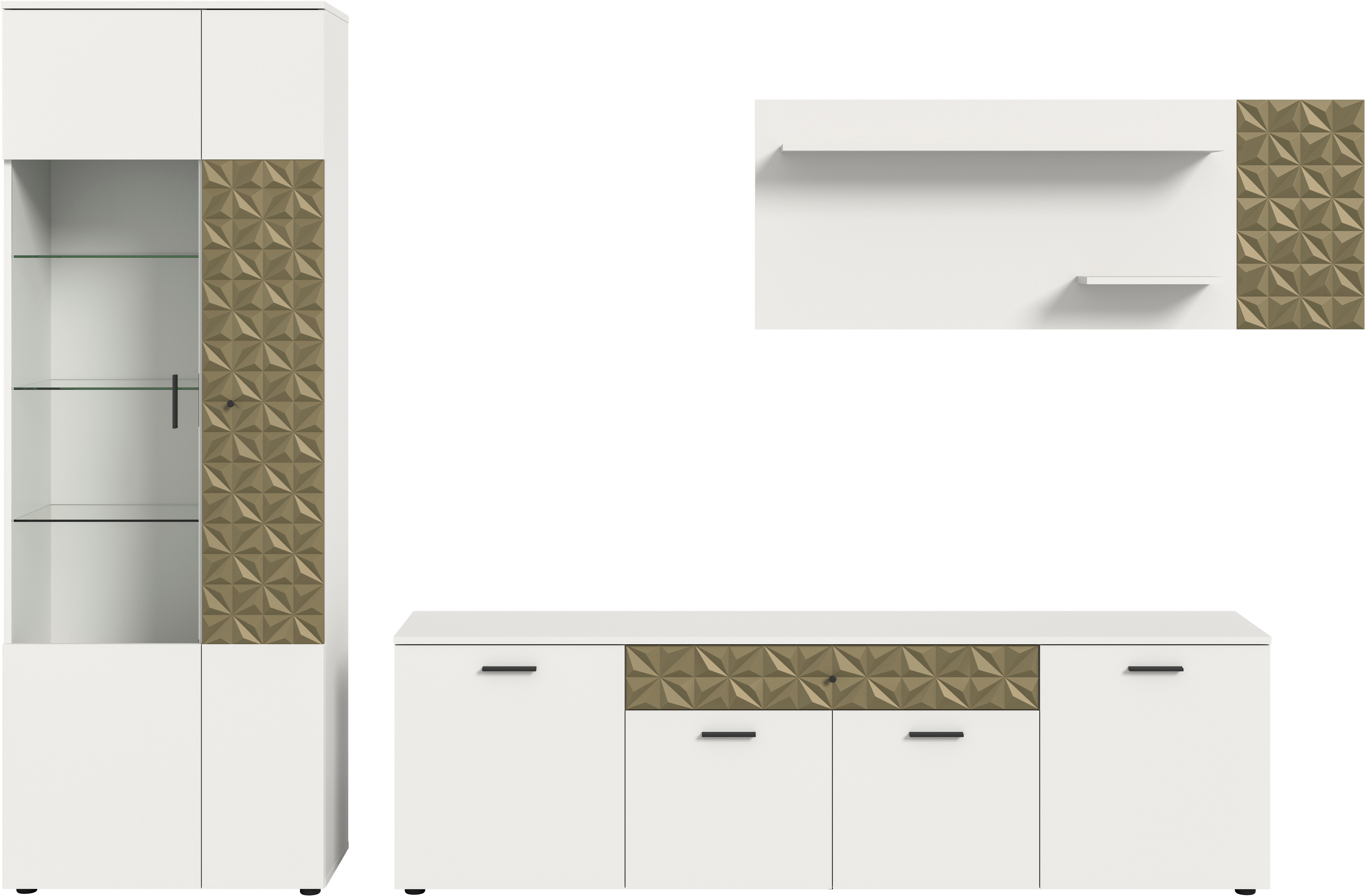 INOSIGN Wandmeubel Vicenza, 3-delig, bestaande uit: vitrine, lowboard, wandplank met ornamentafwerking, combinatie, aanbouwwand, tv-wand, kastwand (3-delig)