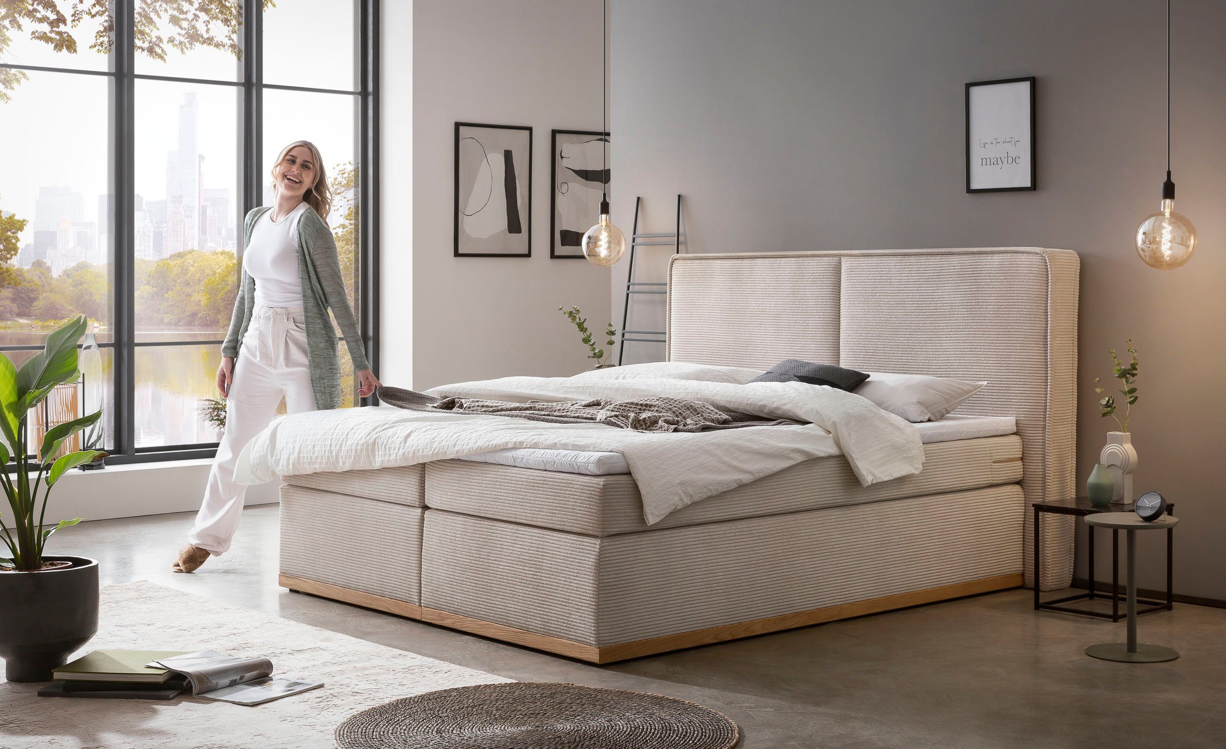 Home affaire Boxspring SHERWOOD Cord Hotelbett, Polsterbett Premiumbett Boxbett Hoogwaardig cord ,zachte velours-structuur, met topmatras, eiken