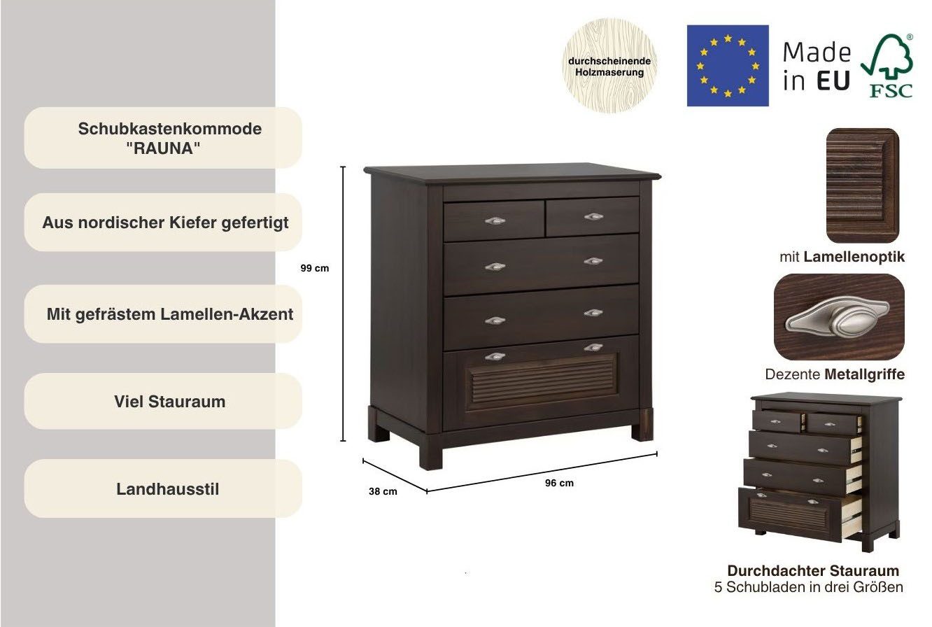 Home affaire Ladekast Rauna van massief grenen, met 5 laden, breedte 96 cm