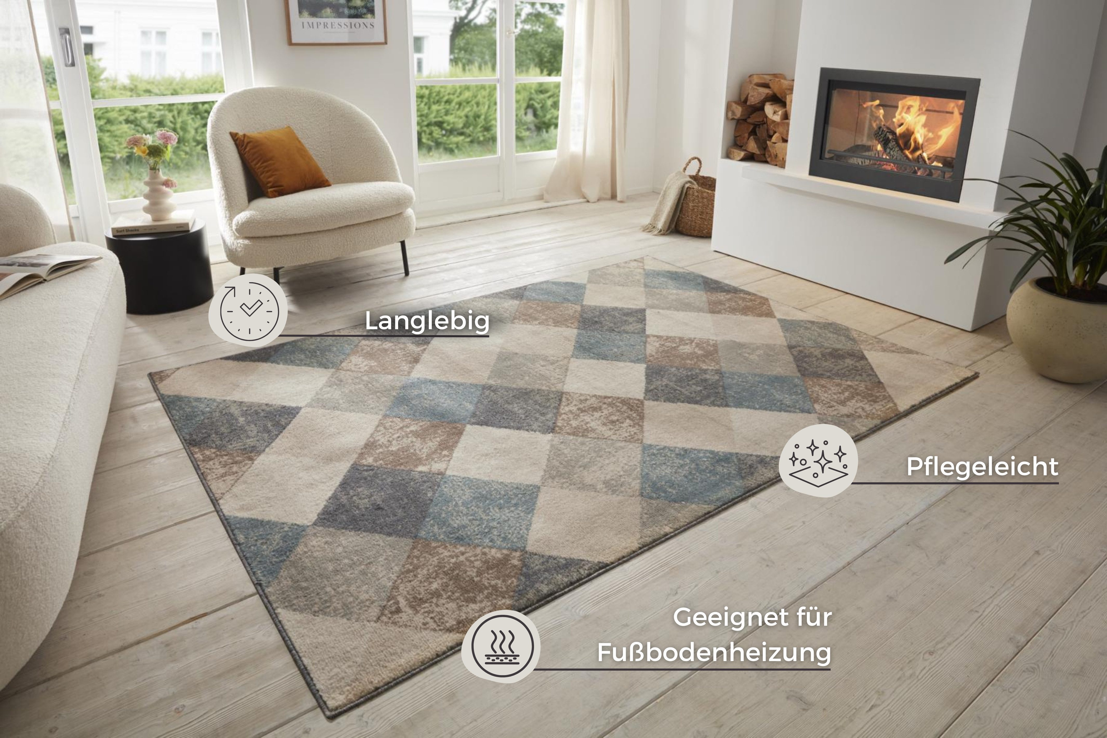 HANSE Home Vloerkleed Bakke Kortpolig, loper, ruitpatroon, woonkamer, slaapkamer, eetkamer