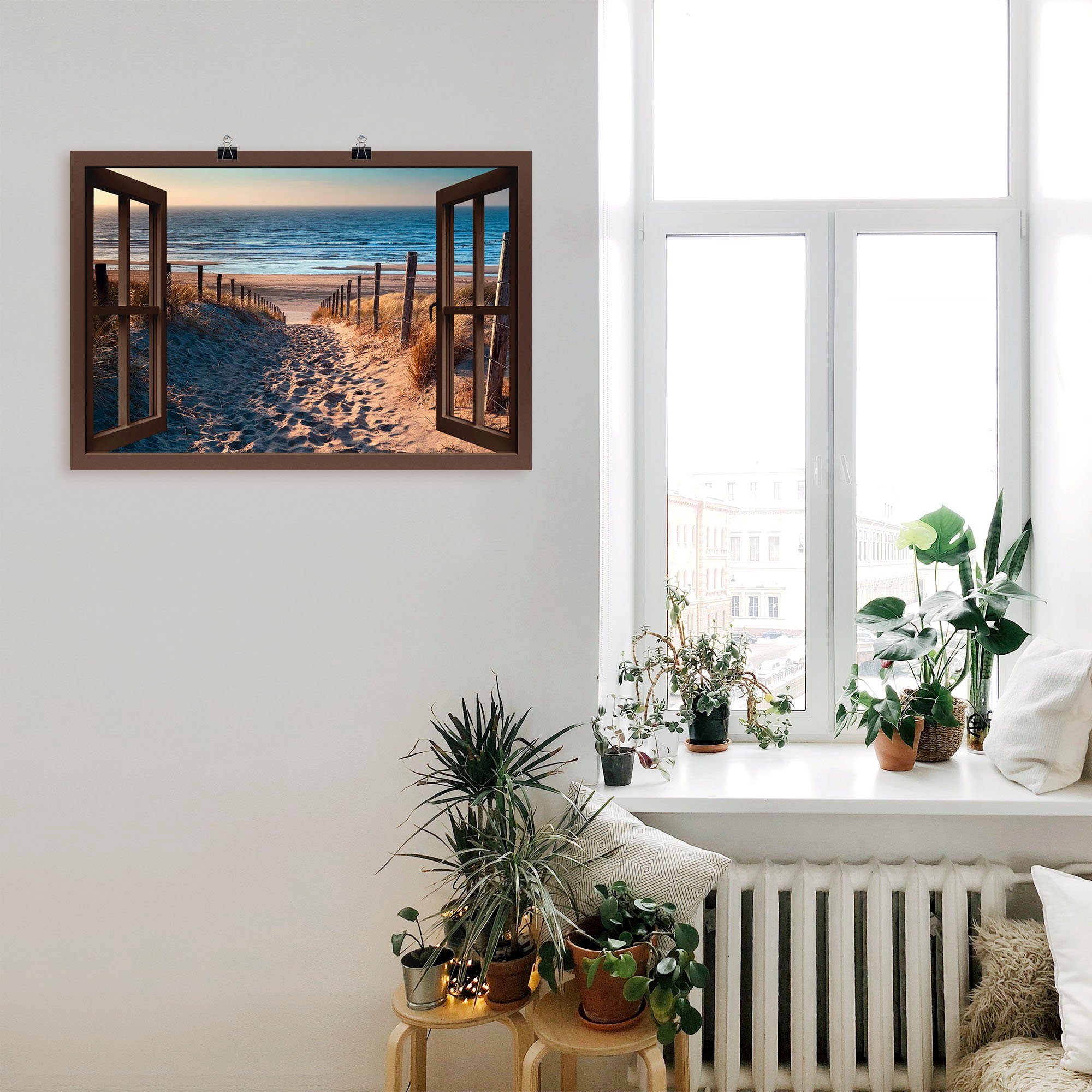 Artland Artprint Blik uit het venster weg naar Noordzeestrand als artprint op linnen, poster, muursticker in verschillende maten