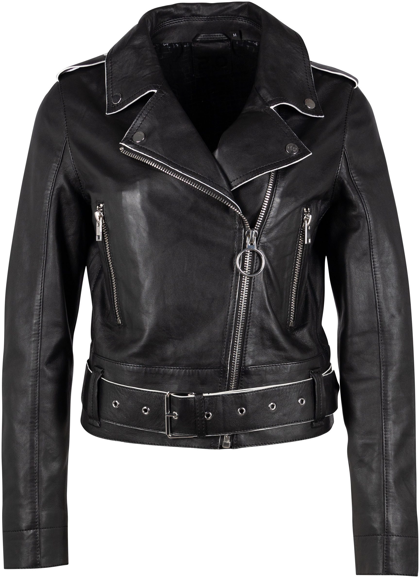 Mauritius Leren jack G2WCelin SF met asymmetrische rits, riem, ritssluiting details
