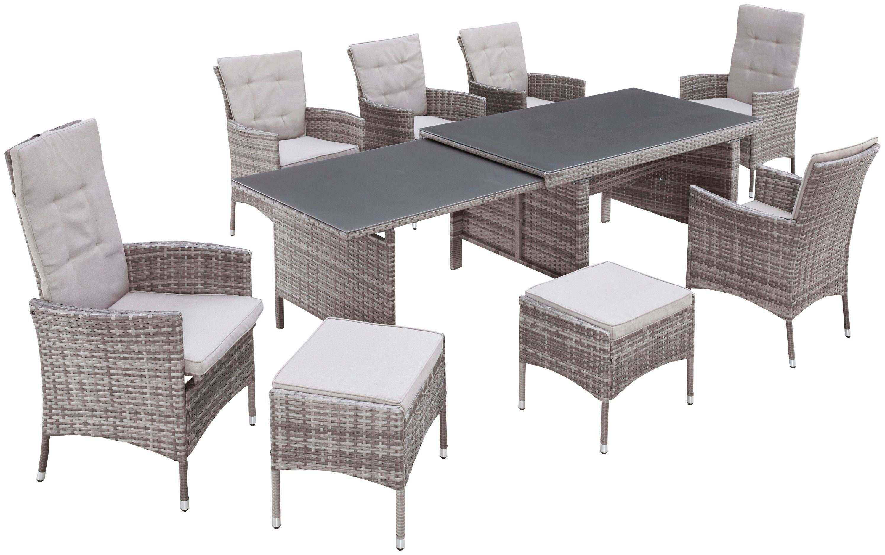 KONIFERA Tuin-eethoek Parla 2 van de 6 stoelen zijn verstelbaar, grijs, tafelblad van veiligheidsglas (set, 21-delig)