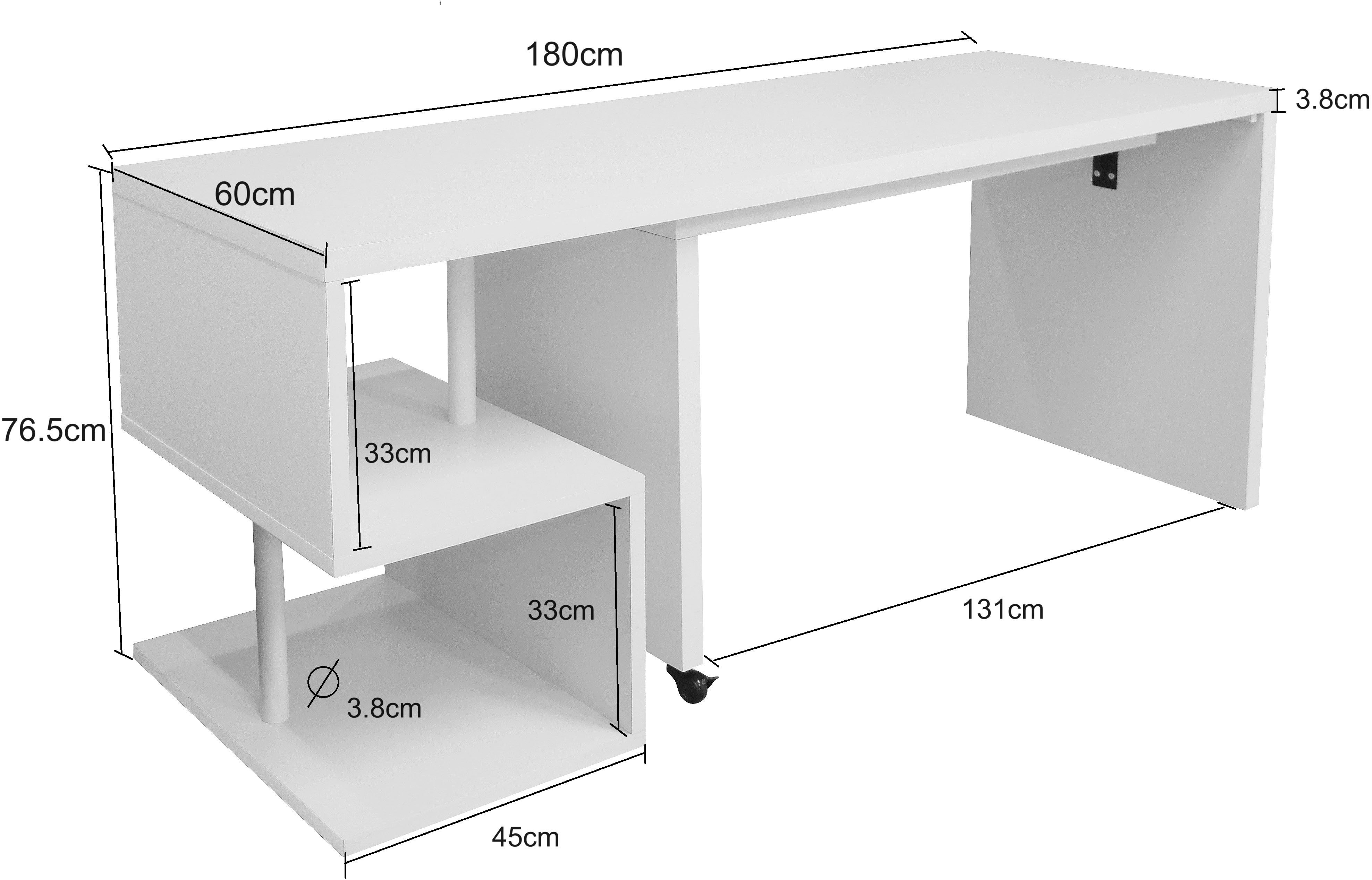 Places of Style Bureau Lopar, hoekbureau , rolbaar tafel-element, ruime werkruimte, hoek 180x129 cm