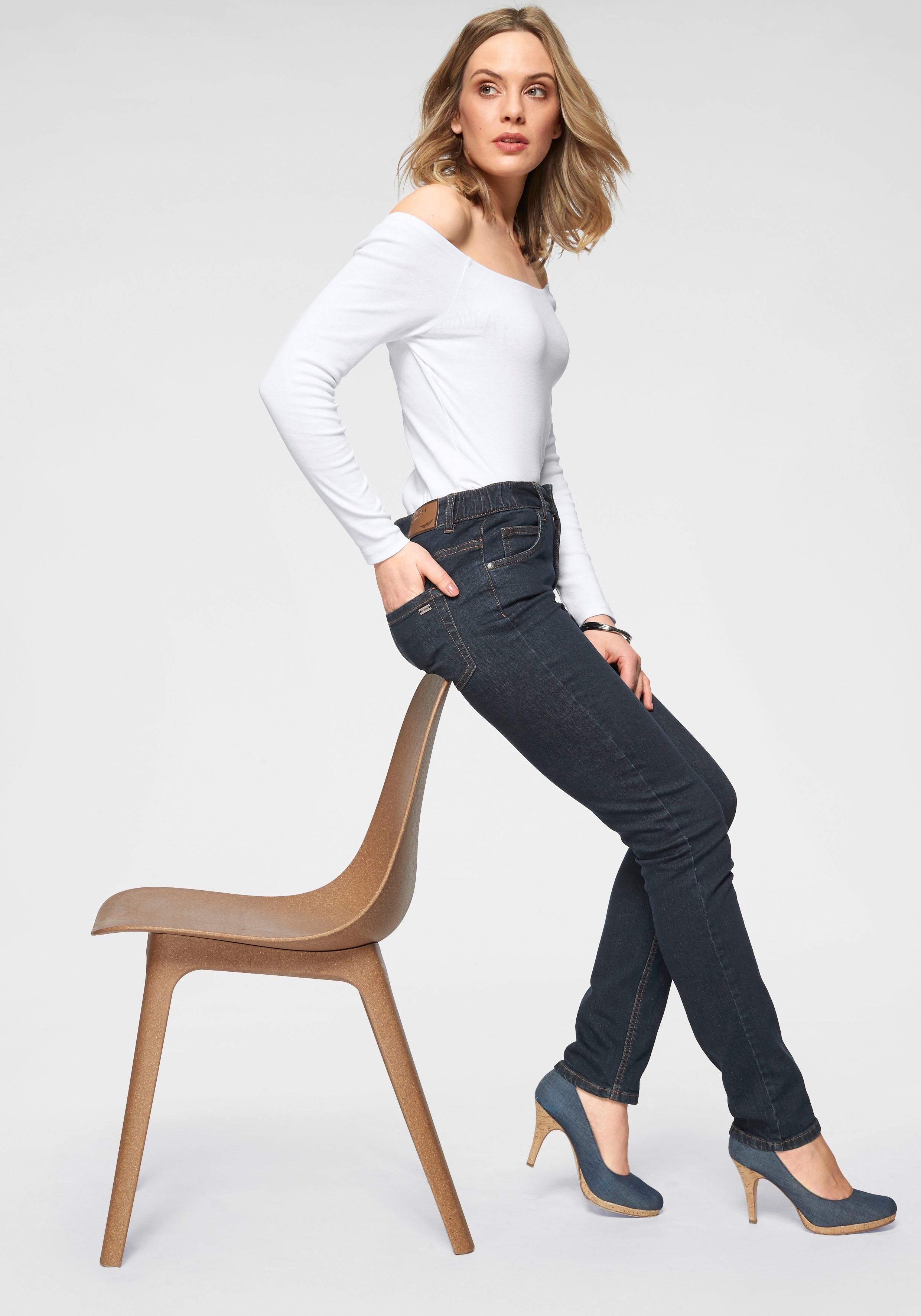 Arizona Slim fit jeans Tailleband met zij-elastiek inzet smalle pasvorm, skinny jeans, used-wassing, hoge taille