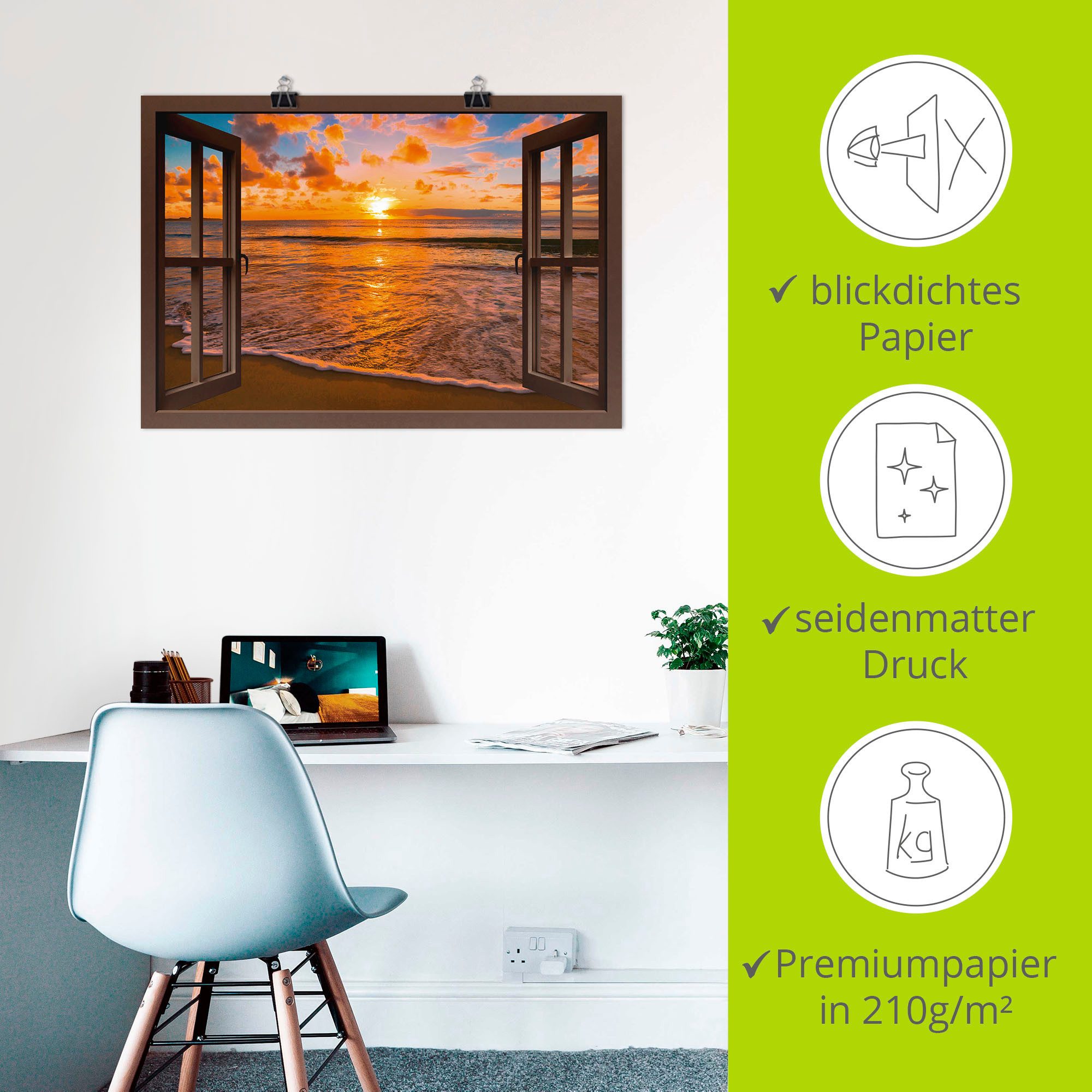 Artland Artprint Blik uit het venster zonsondergang aan het strand als artprint op linnen, poster, muursticker in verschillende maten
