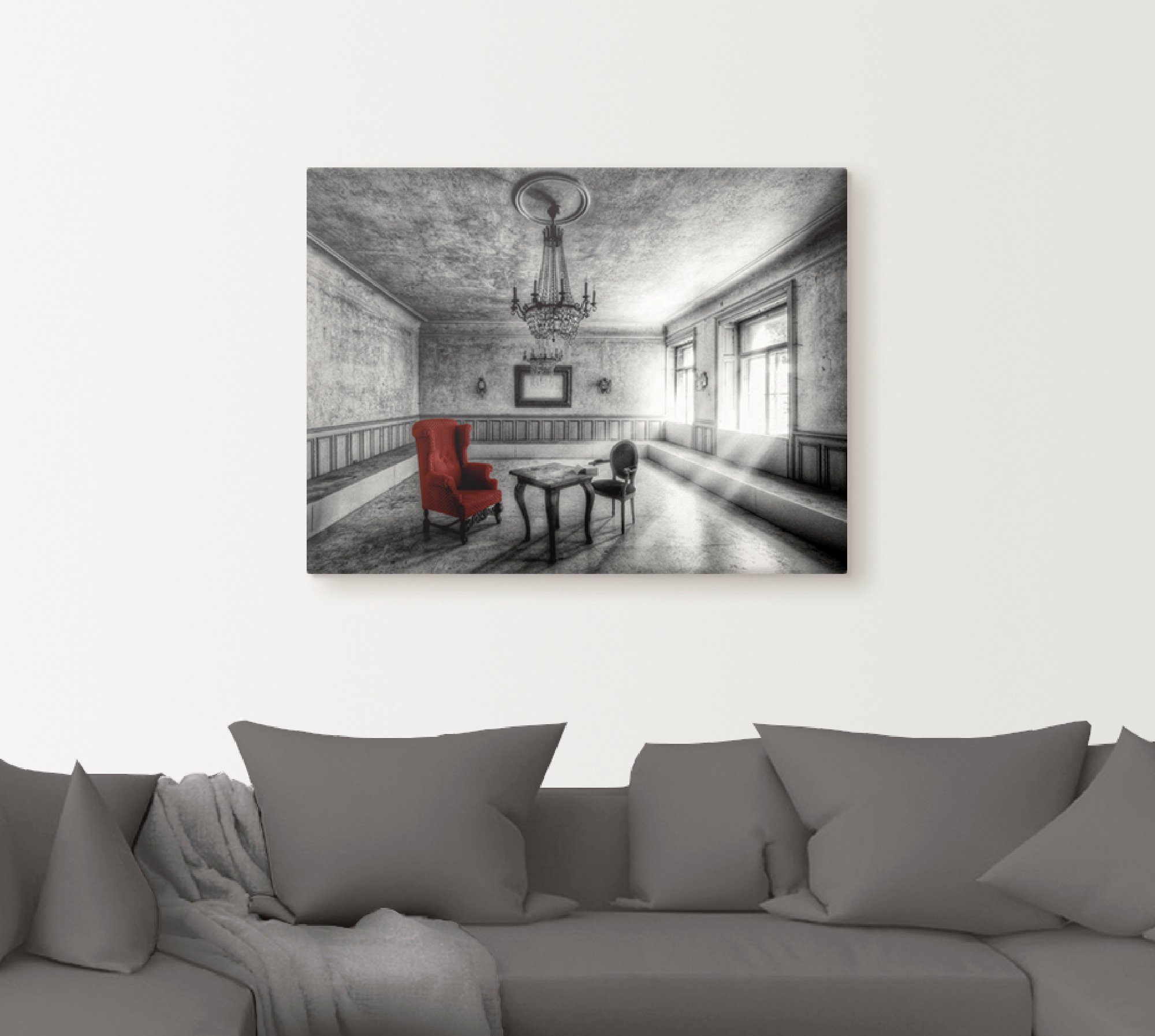 Artland Artprint Lost Place - rode fauteuil als artprint van aluminium, artprint voor buiten, artprint op linnen, poster, muursticker