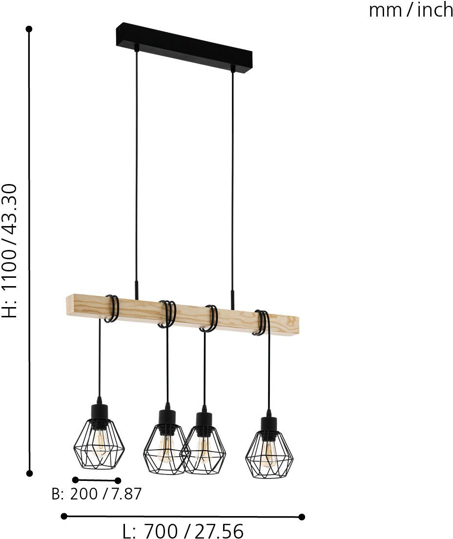 EGLO Hanglamp TOWNSHEND 5 zwart / l70 x h110 x b20 cm / hanglamp van hout en metaal / retro