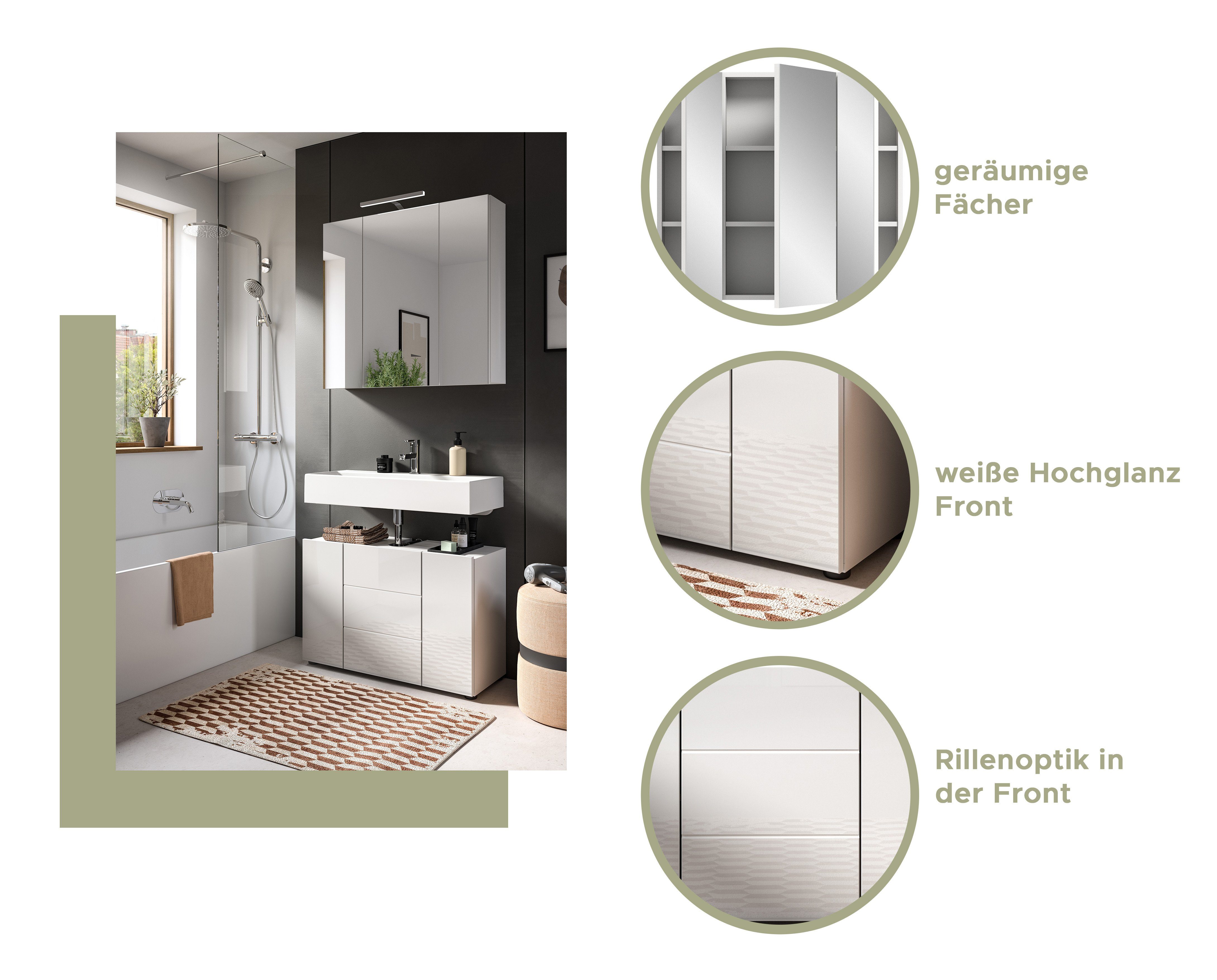 welltime Badmeubelset BIEL, TOPSELLER, 2-delig, incl. verlichting, MDF front, groeflook (2 stuks)