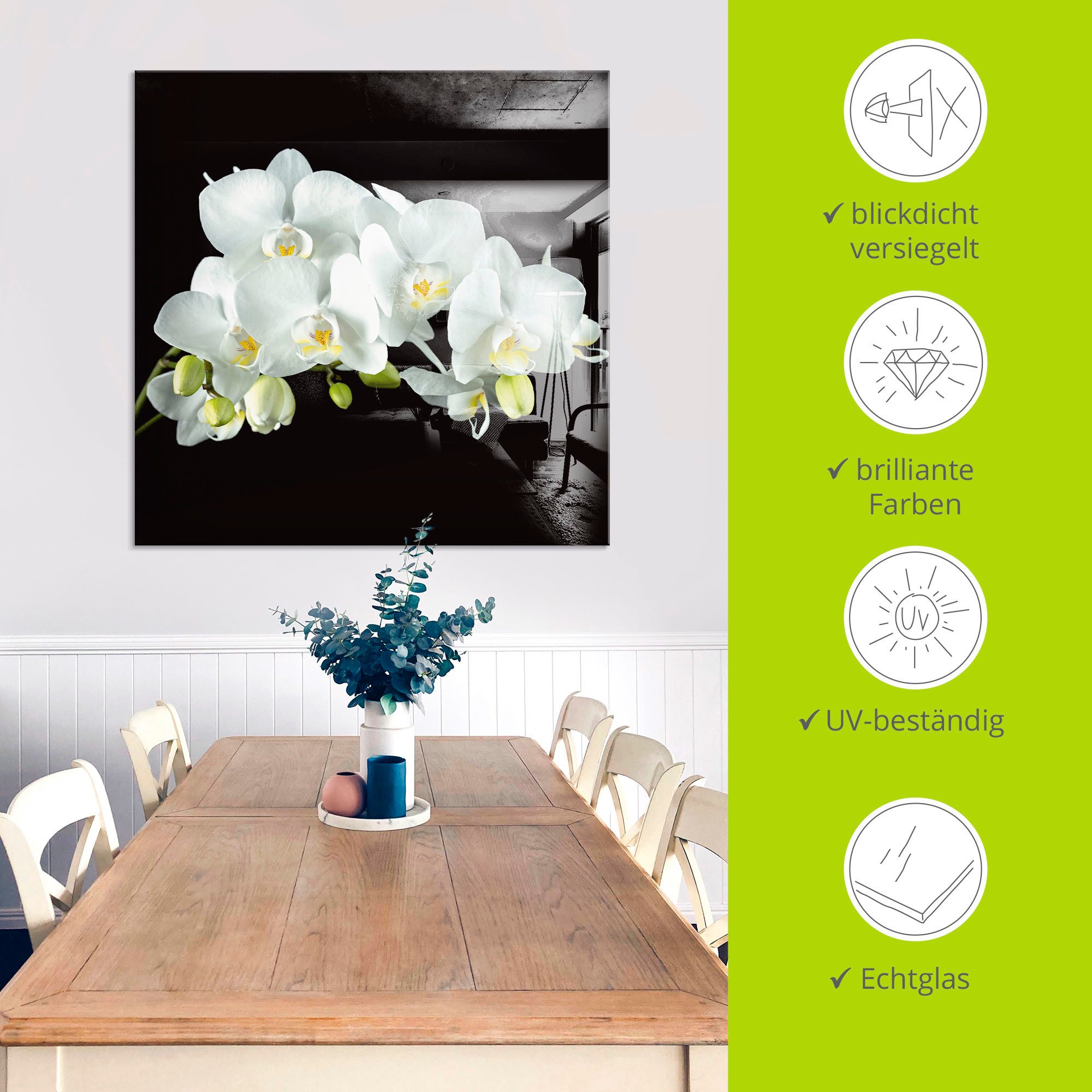 Artland Print op glas Witte orchidee op een zwarte achtergrond