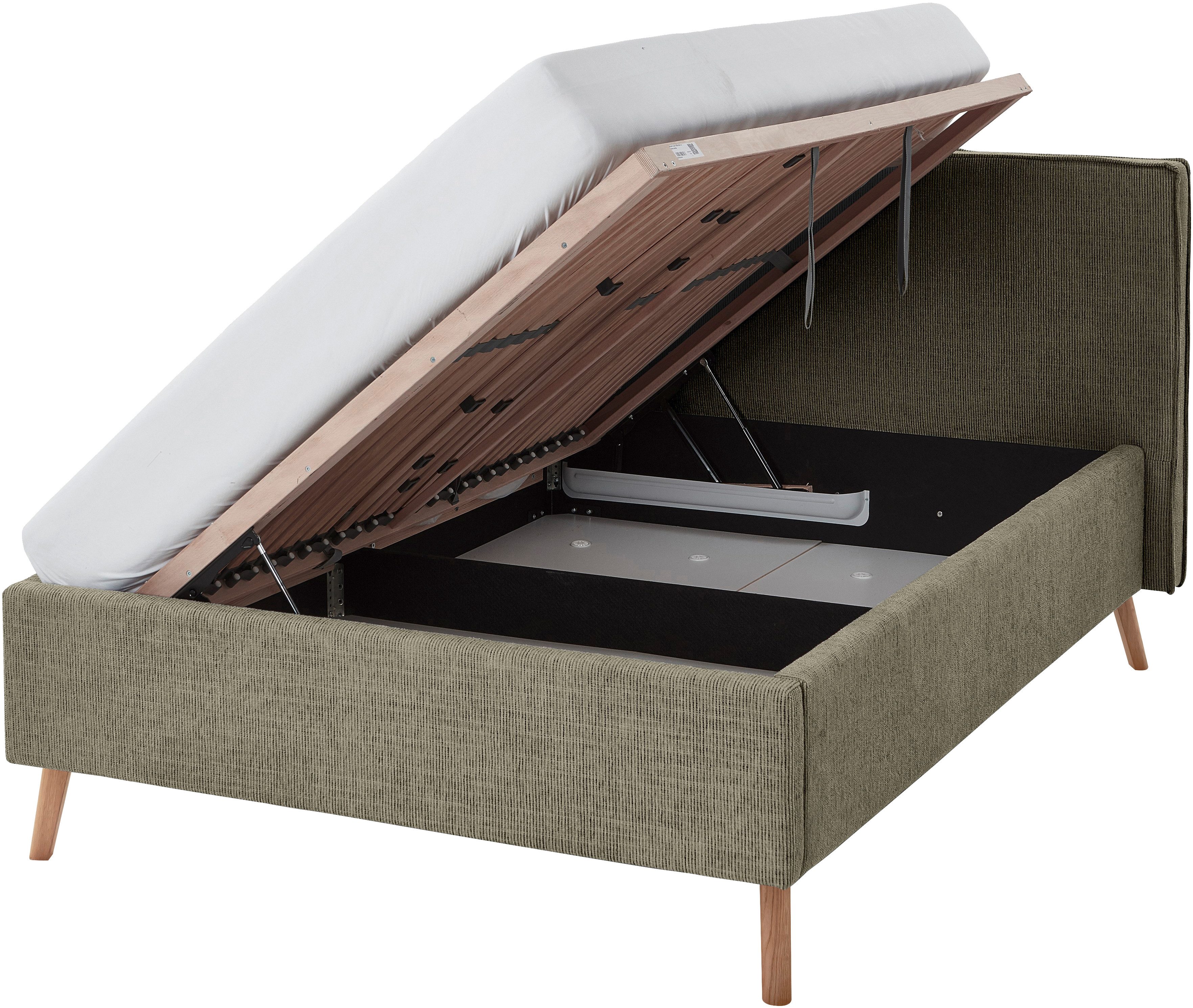 meise.möbel Gestoffeerd bed Riva met eikenkleurige houten poten, naar keuze met bedkist en lattenbodem