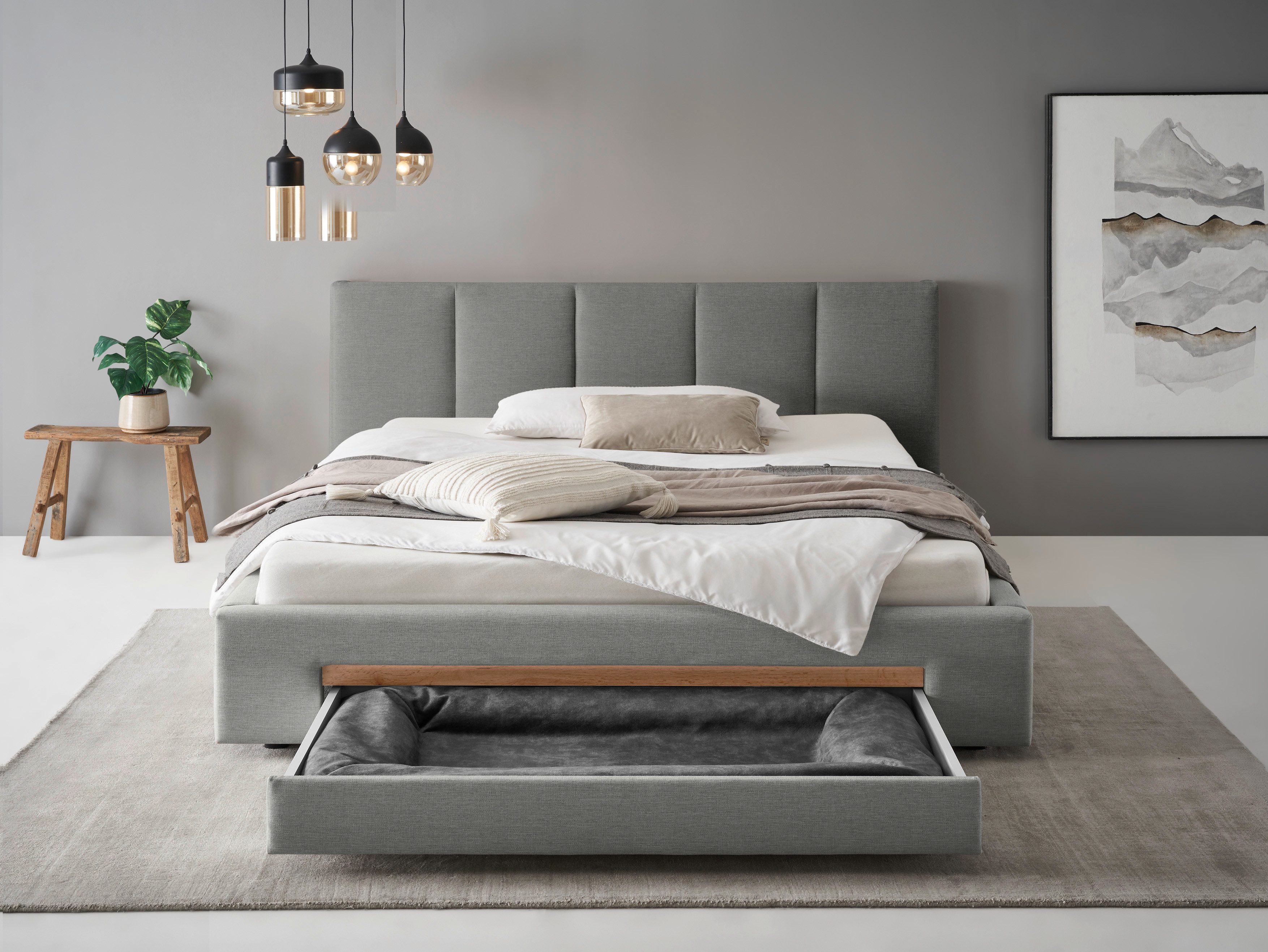 INOSIGN Gestoffeerd bed CiTY/GiRON, bedframe met bedlade, gestoffeerd opbergbed met hondenbed of opberglade, bekleding van corduroy of linnenlook