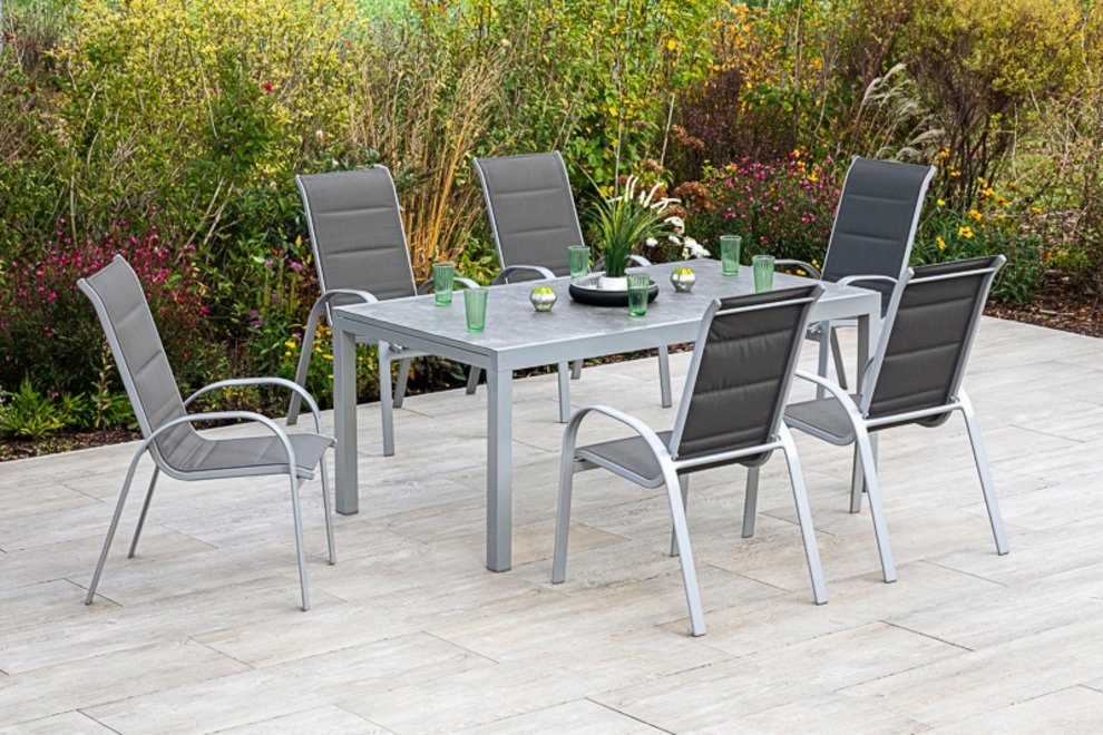MERXX Tuin-eethoek Amalfi di lusso 6 stapelstoelen, stoel met een hoge rugleuning, met uittrekbare tafel (7-delig) tuinsets beige