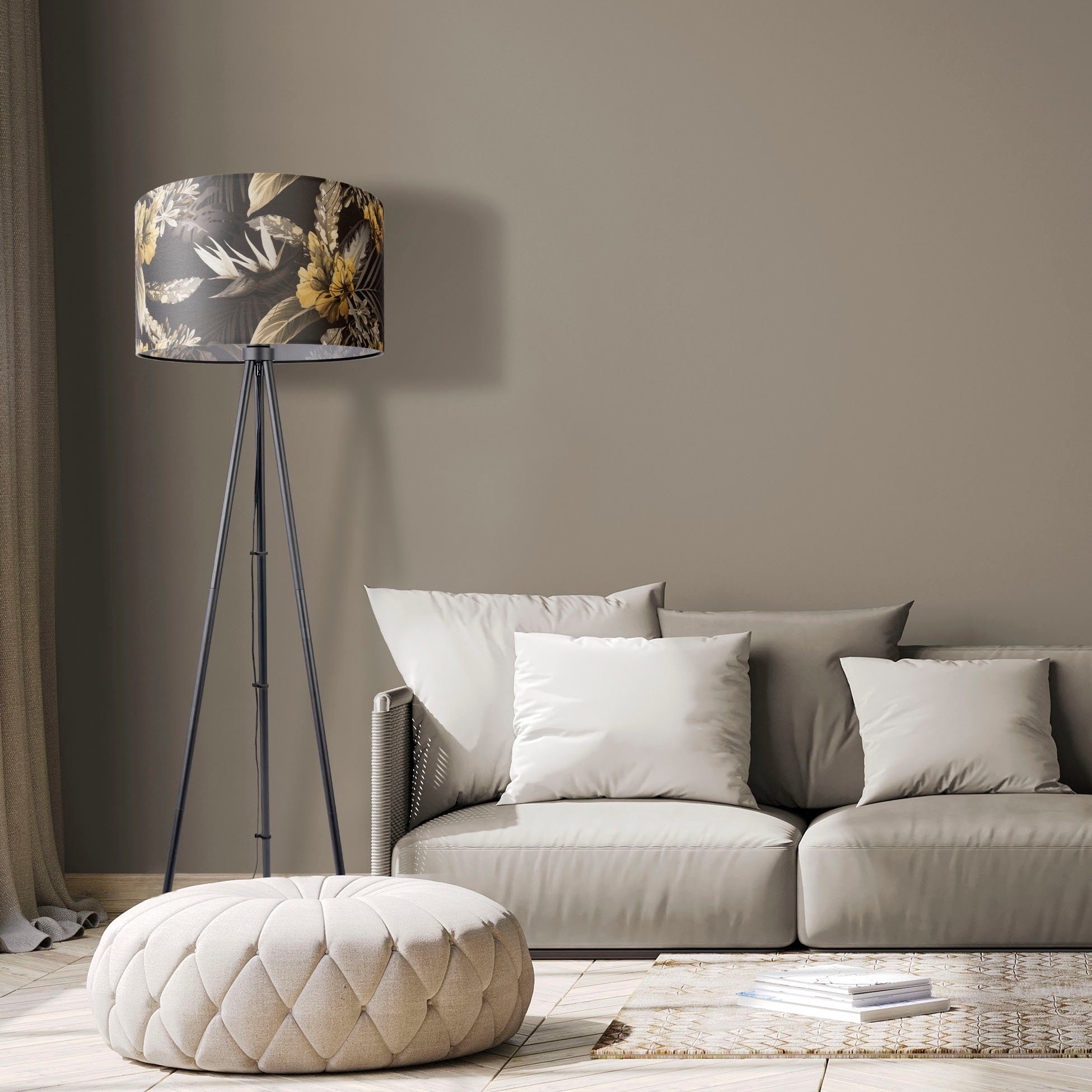 Paco Home Staande lamp Trina Flower Vloerlamp driepoot statief stoffen kap rond bloemen bloemig modern